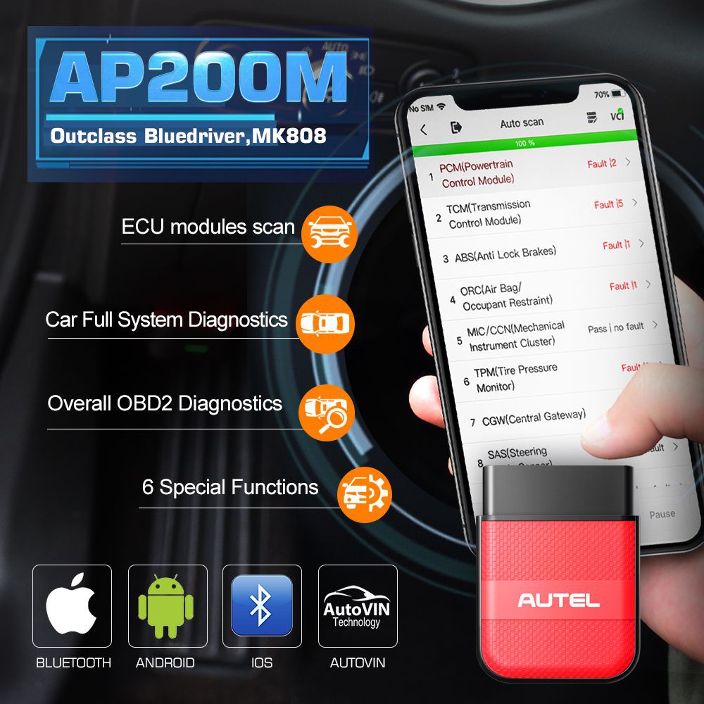 Autel AP200M Bluetooth OBD2 Code Reader mit Full Systems Diagnoses AutoVIN Oil/EPB/BMS/SAS/TPMS/DPF Resets IMMO Service