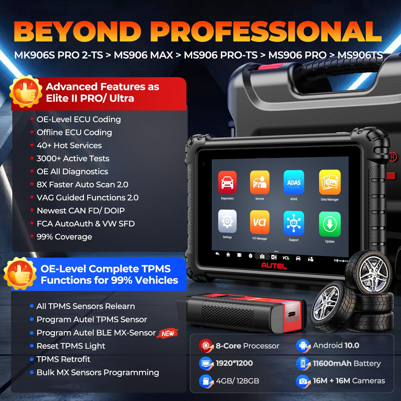 Autel MaxiCOM MK906S PRO II -TS TPMS Diagnostic Scanner with ECU Coding, Bi-directional Control, and 2 Free Autel TPMS MX-Sensor