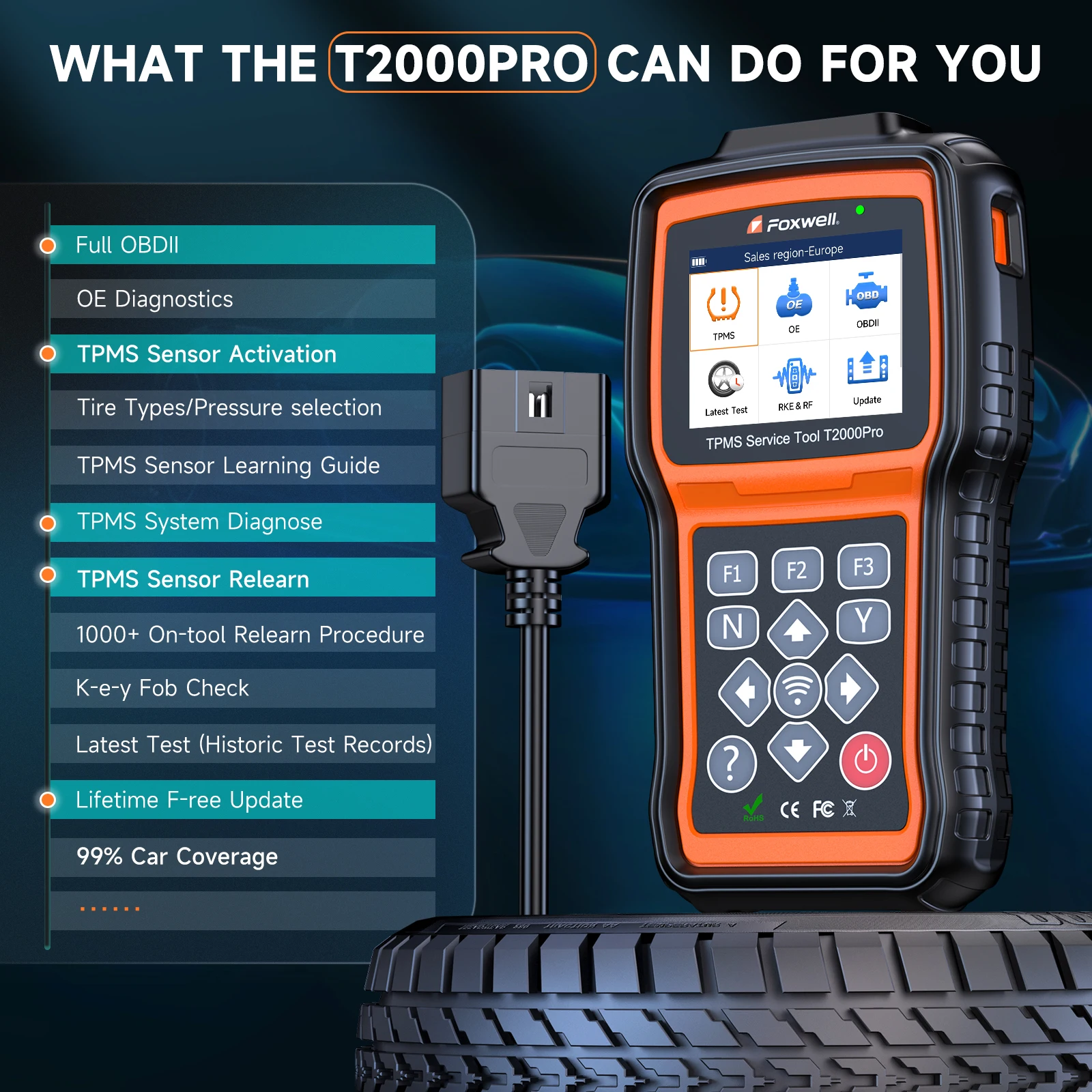 FOXWELL T2000 PRO Auto Tire Pressure TPMS Relearn Activate Sensors TPMS Programming Tool Car OBD2 Code Reader Diagnostic Tool