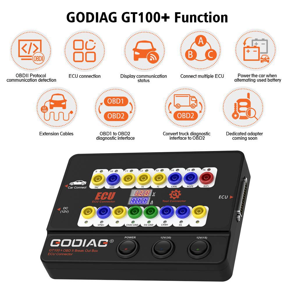 GODIAG GT100+ GT100 Pro Neue Generation OBDII Breakout Box mit elektronischer Stromanzeige