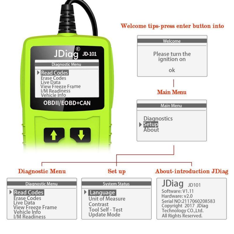 JDiag JD101 Code Reader Engine Scan Tool Check Engine Light Car Diagnostic Tool OBD2 Scanner Automotiz Mit Battery Test