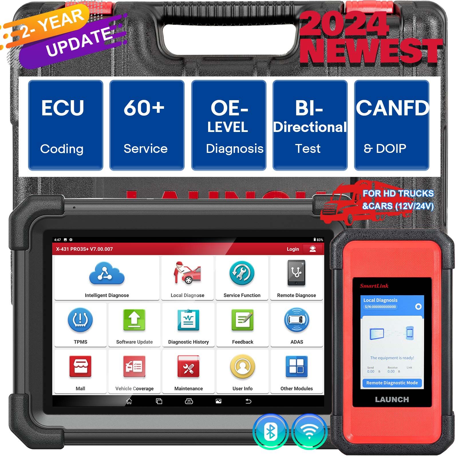 2025 LAUNCH X431 PRO3S+ SmartLink HD for 12V&24V Diesel&Gasoline Support Bi-Directional Scan Tool, ECU Coding, Support CANFD &DOIP, J2534 Programming
