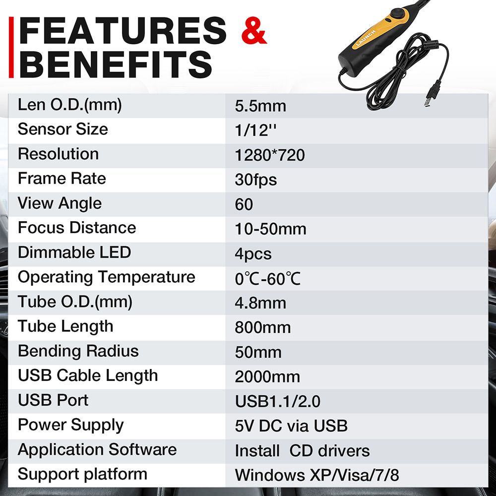 LAUNCH X431 VSP600 Kamera Videoscope HD IP67 2M Kabel 6 einstellbare LED-Leuchten Mirco USB Type-C Borescope Video Inspection