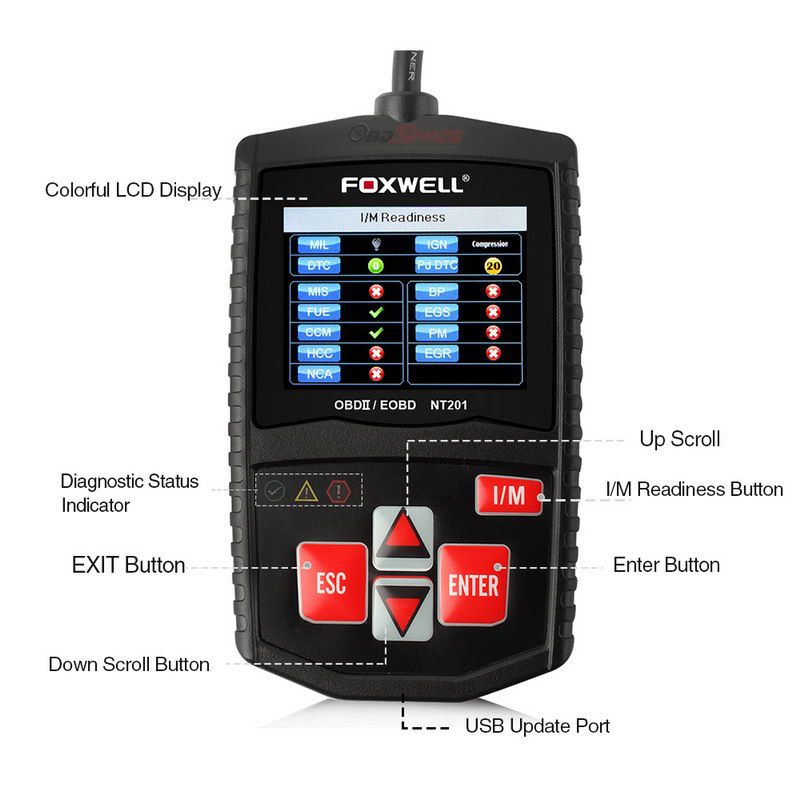 Original Foxwell NT201 Universal OBD2 EOBD CAN Scanner Automotive Engine Code Reader Scan Diagnostic Tool Car OBDII OBD 2 Scanner