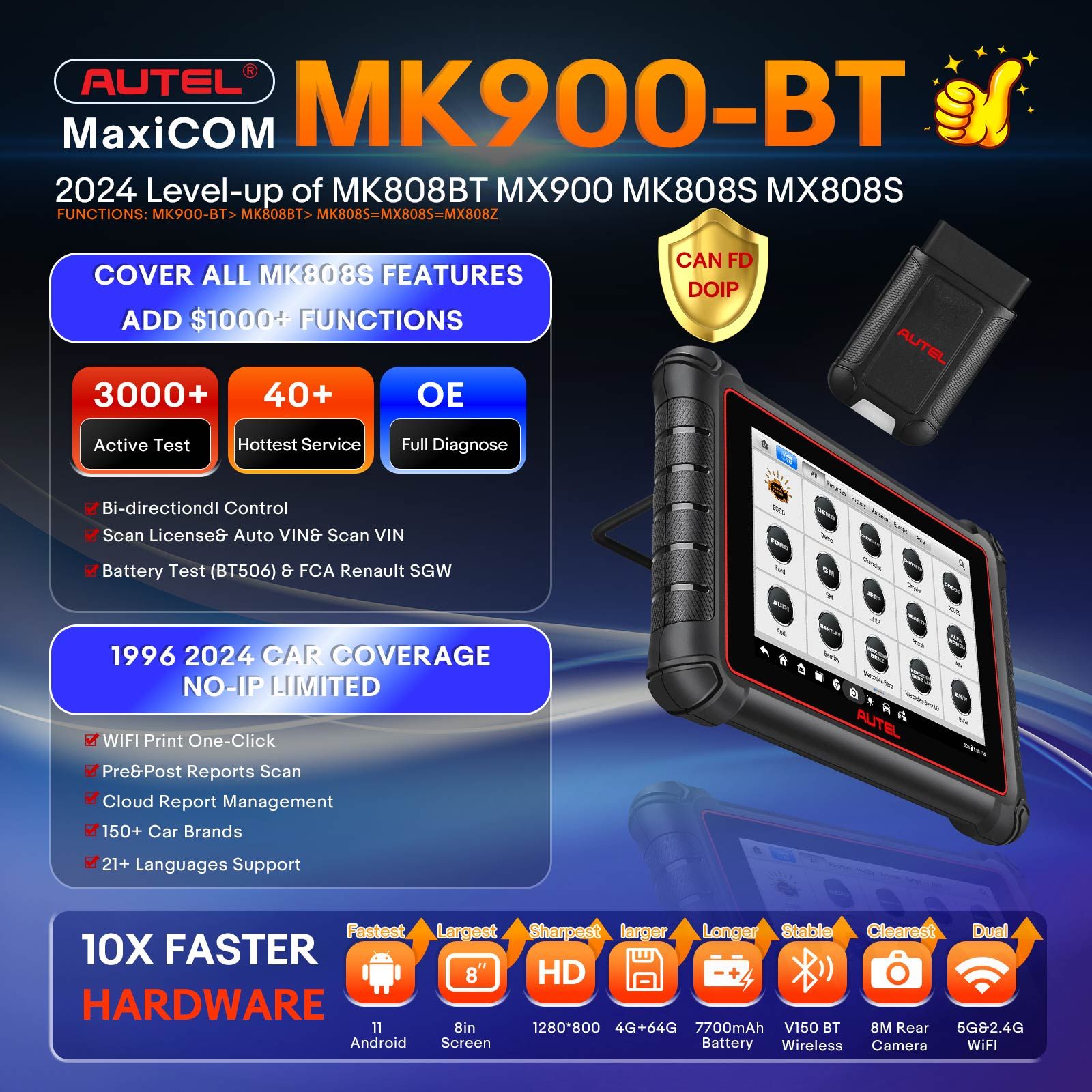 2025 Autel MaxiCOM MK900BT MK900-BT Bidirectional Diagnostic Scanner Update of MX900 MK808BT MK808S CAN-FD&DOIP