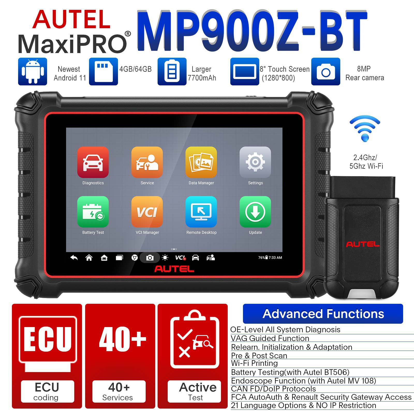 Autel MaxiPro MP900Z-BT (MP900-BT) Diagnosescanner unterstützt Steuergeräte-Codierung, Pre-Post-Scan, DoIP CAN FD-Protokolle, Upgraded Ver. Of MP808BT PRO