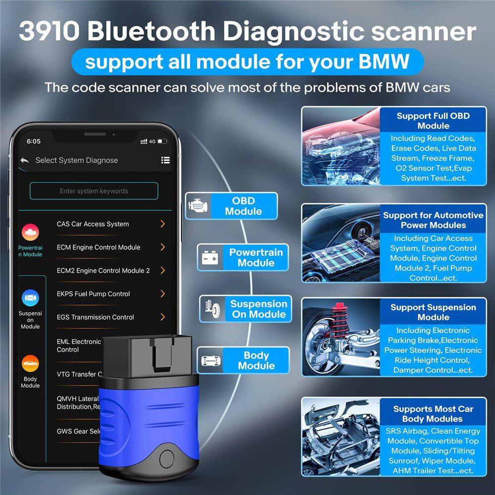 AUTOPHIX 3910 Bluetooth OBD2 Scanner for BMW/MINI/Rolls Royce Car Diagnostic Scan Tool EPB CBS ETC Battery Check Throttle Learn