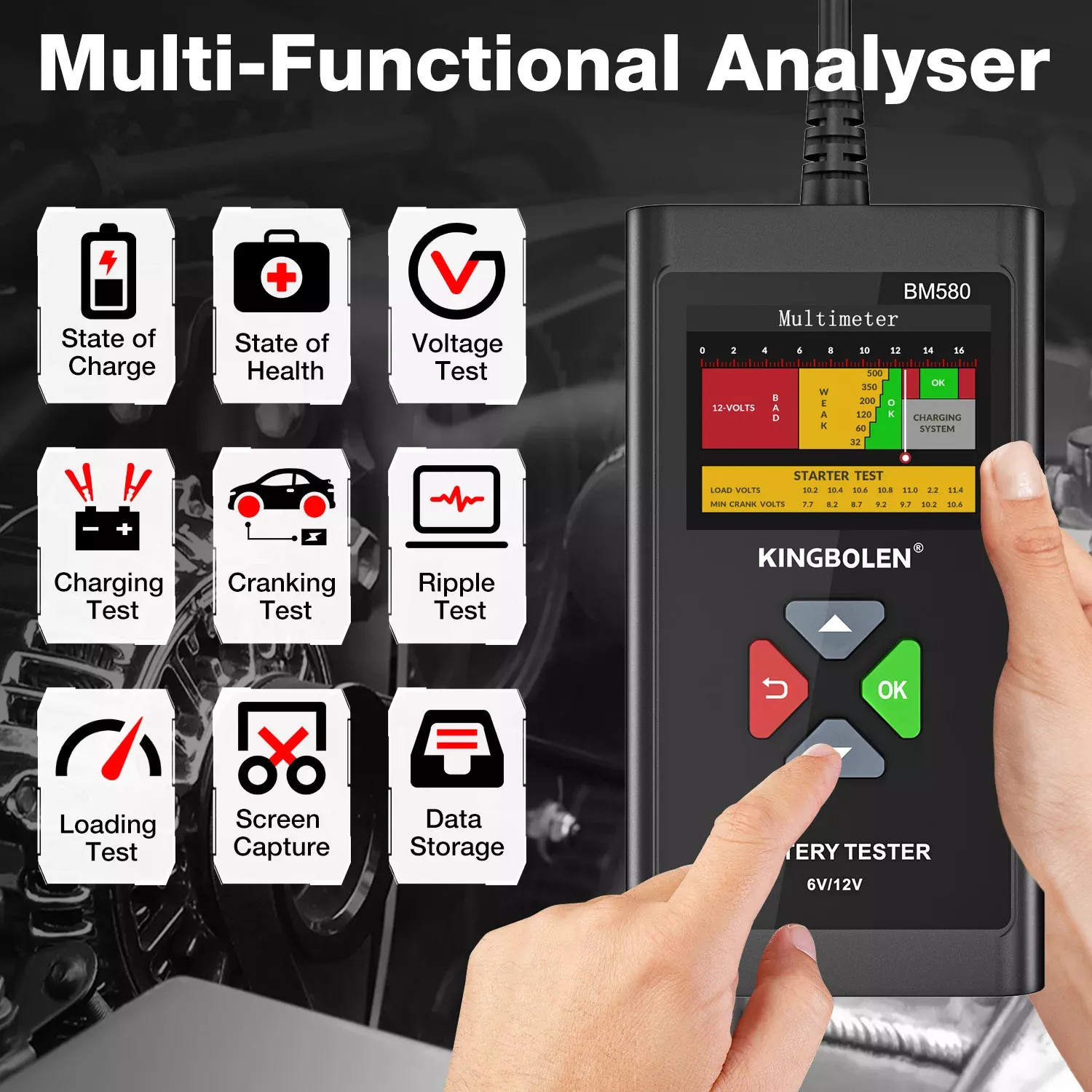 BM580 Batterie Tester 12V 6V Auto Batterie Ladegerät Werkzeuge Start-Up Circut Lade Test Automotive Analyzer PK KW650 KW208