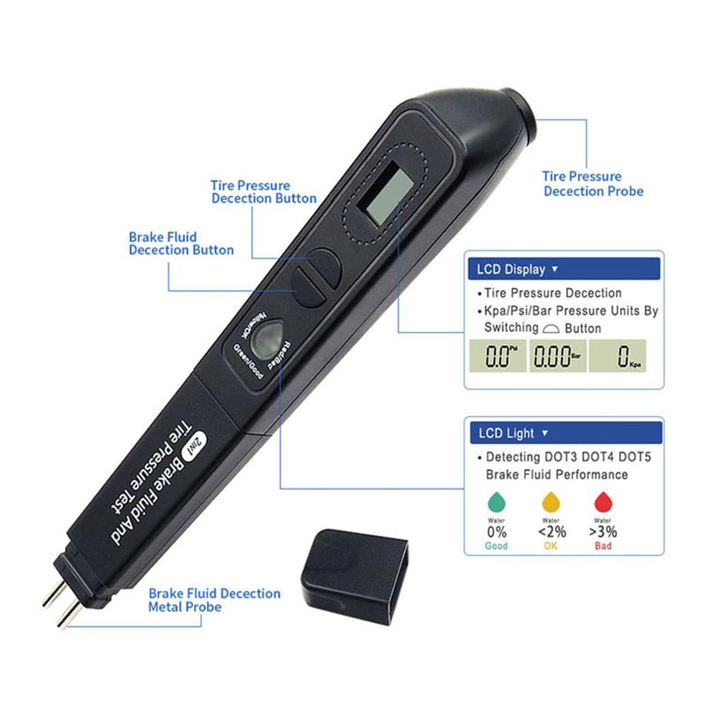 Brake Fluid and Tire Pressure 2 in 1 Tester Brake Fluid Test Pen Pressure Gauge 2 in 1 Digital LCD Screen Detection