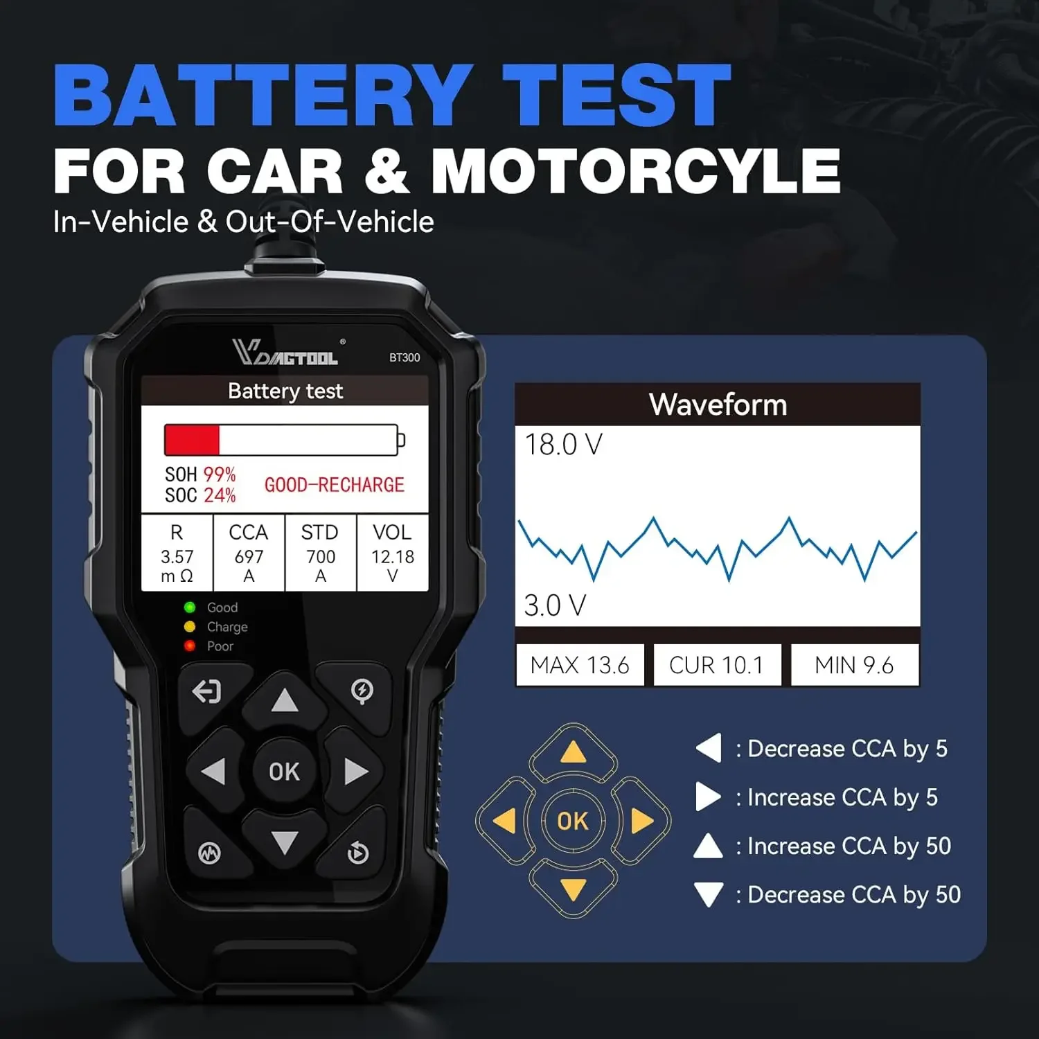 VDIAGTOOL BT300 Auto Batterie Tester Automobil Diagnostik Laden Kurbel Test LED Licht Wellenform Wiedergabe Drucken für 6V 12V Auto