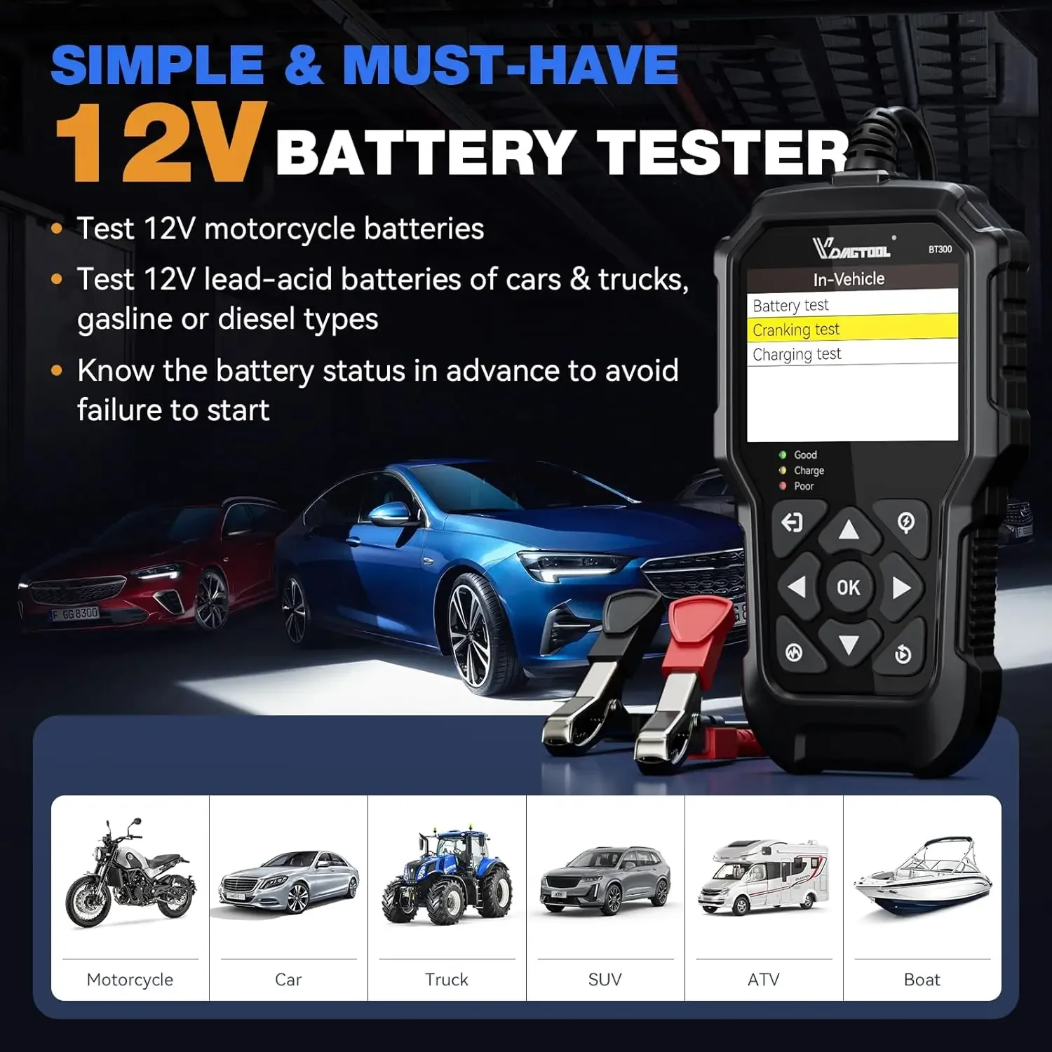 VDIAGTOOL BT300 Auto Batterie Tester Automobil Diagnostik Laden Kurbel Test LED Licht Wellenform Wiedergabe Drucken für 6V 12V Auto