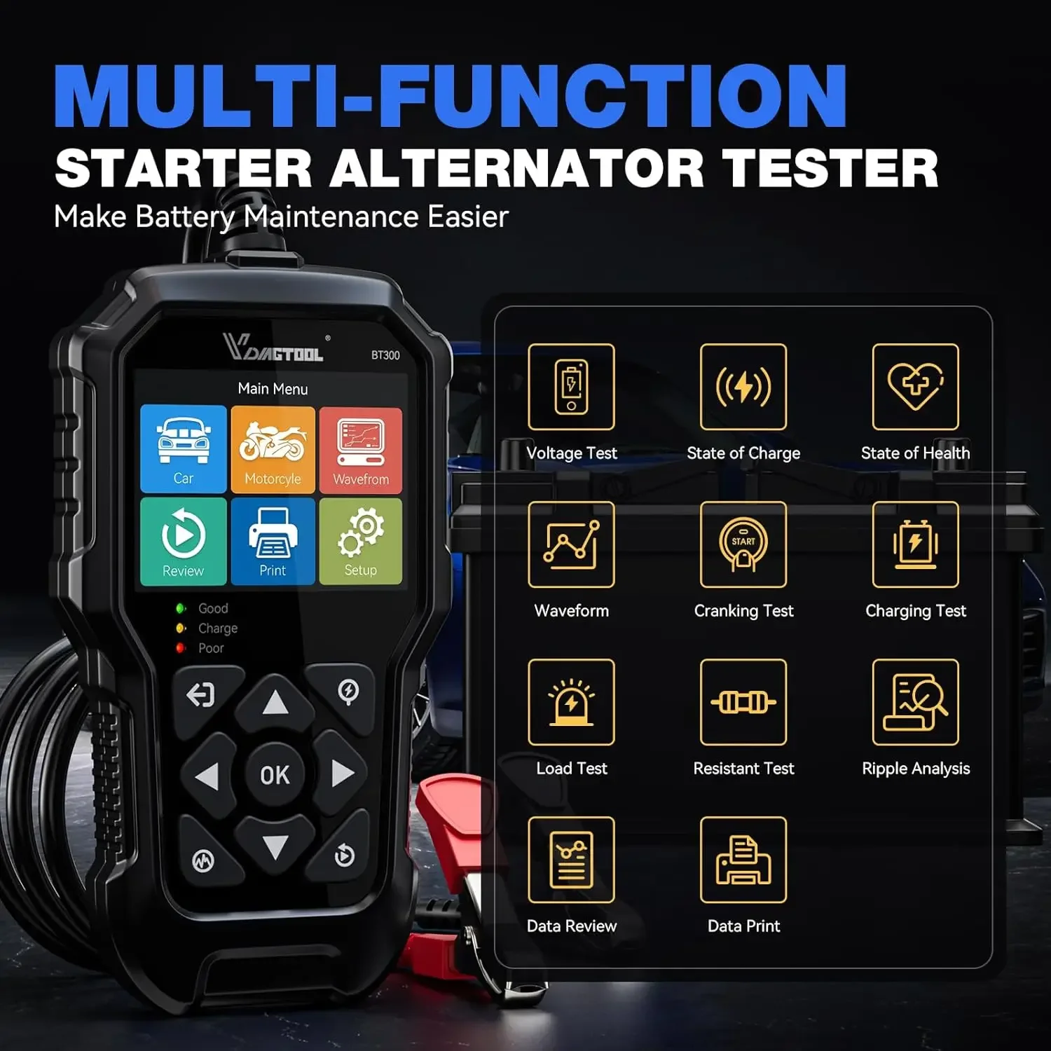 VDIAGTOOL BT300 Auto Batterie Tester Automobil Diagnostik Laden Kurbel Test LED Licht Wellenform Wiedergabe Drucken für 6V 12V Auto
