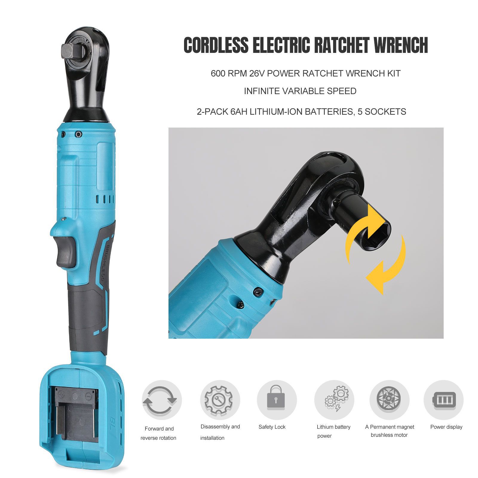 Cordless Electric Ratchet Wrench 600 RPM 26V Power Ratchet Wrench Kit Infinite Variable Speed 2-Pack 6Ah Lithium-Ion Batteries
