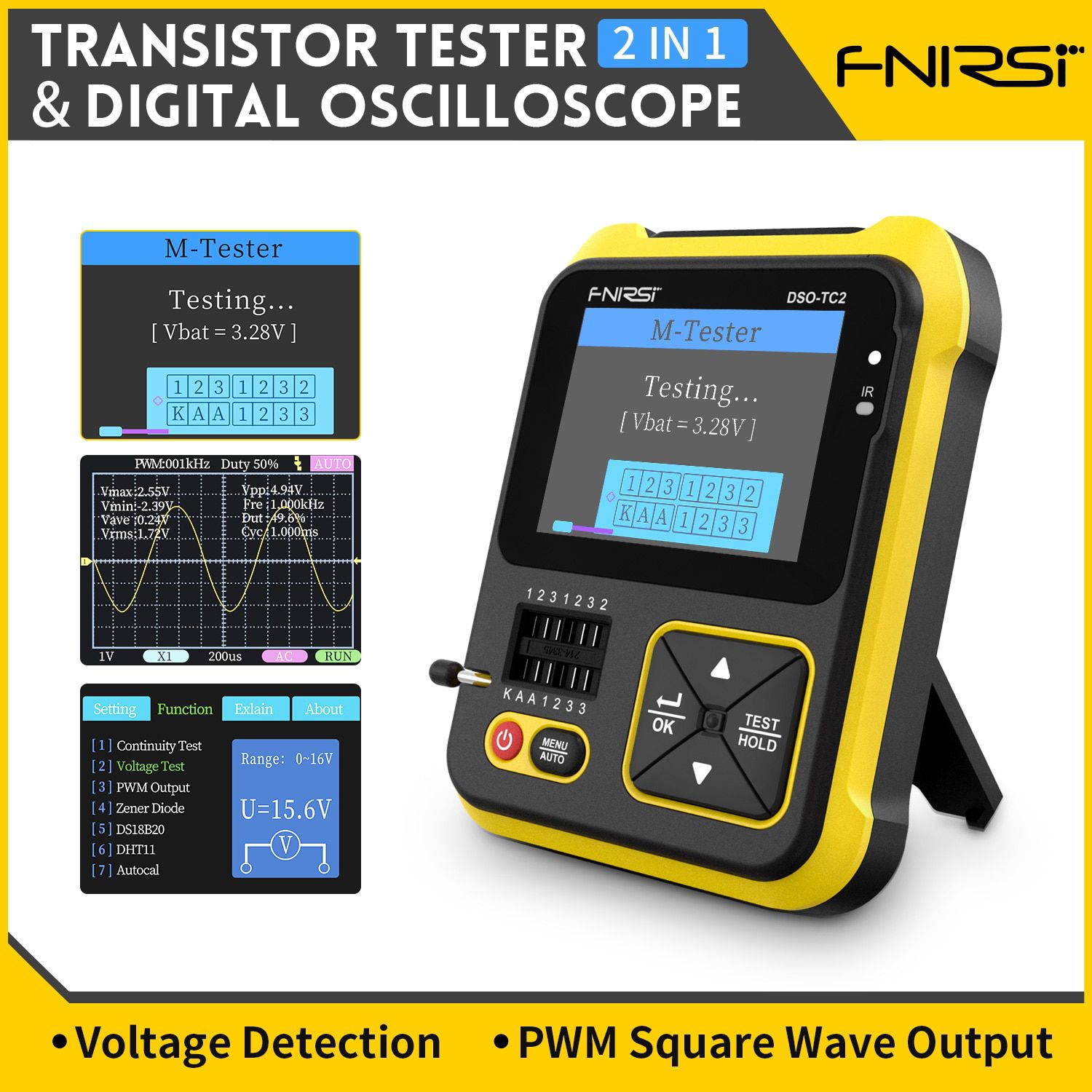 FNIRSI DSO-TC2 Portable Digital Oszilloskop Transistor Tester 2-in-1 Multifunktionsmultimeter Diode Spannung LCR Detect PWM Out
