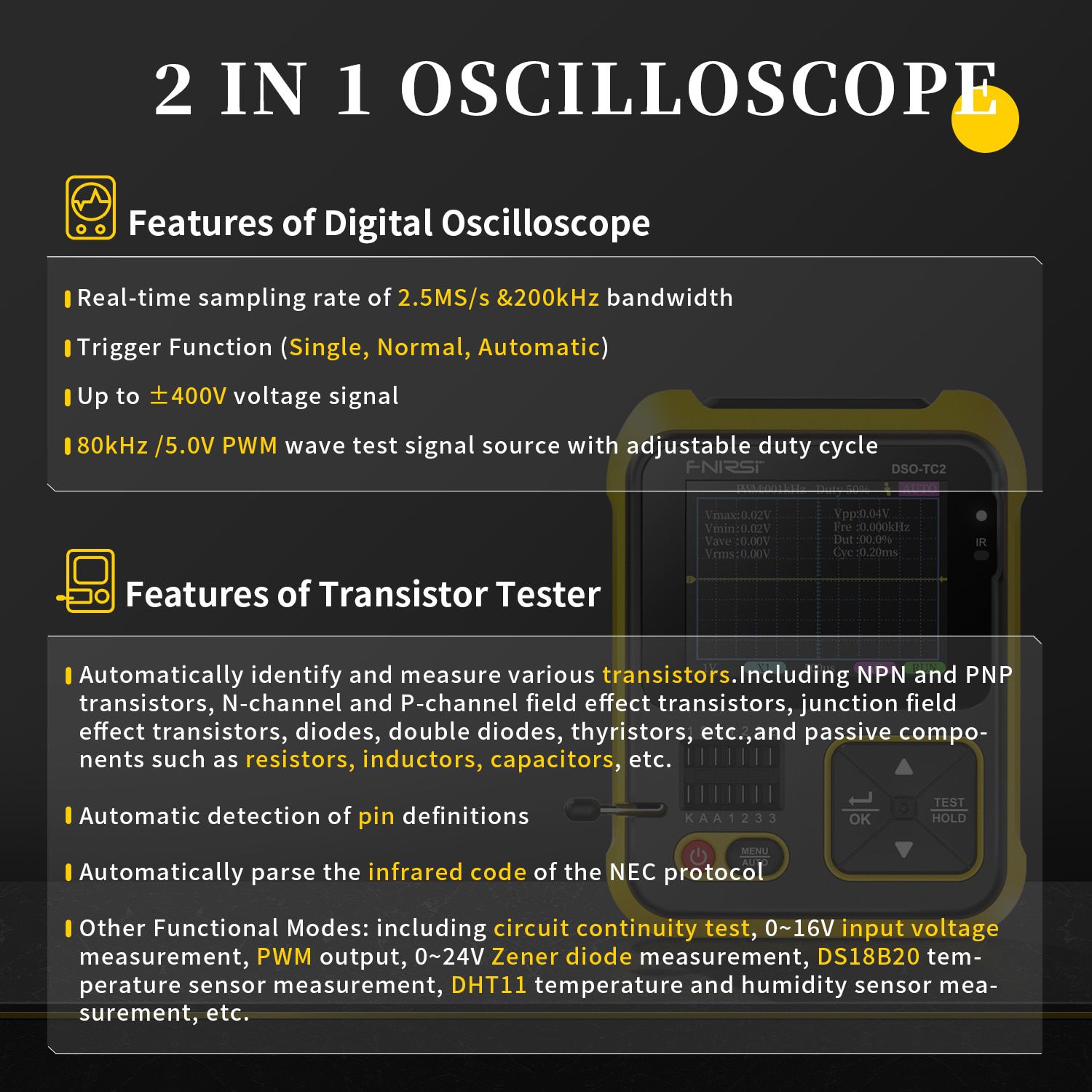 FNIRSI DSO-TC2 Portable Digital Oszilloskop Transistor Tester 2-in-1 Multifunktionsmultimeter Diode Spannung LCR Detect PWM Out