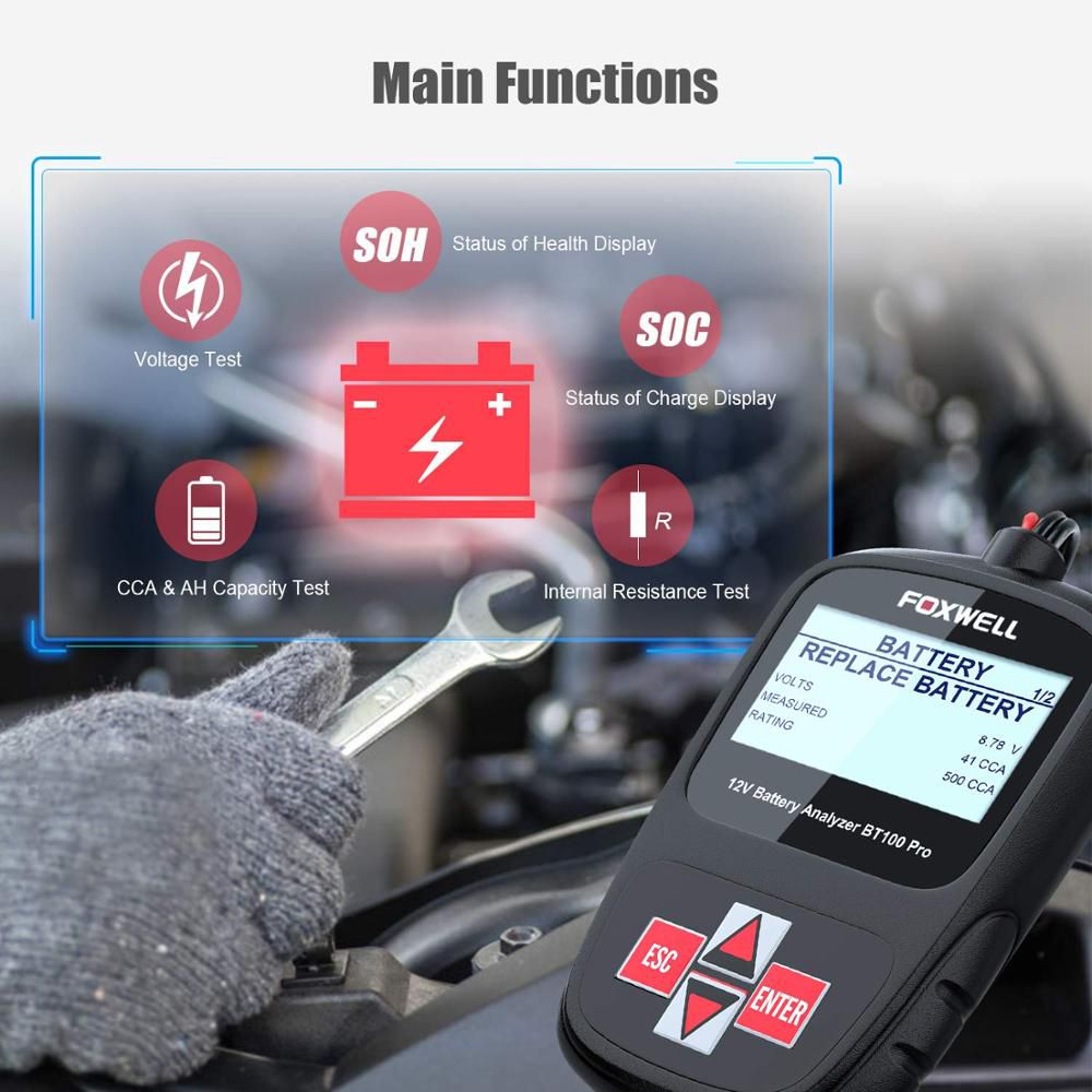 FOXWELL BT100 PRO 12V Car Battery Tester for Flooded AGM GEL 100 to 1100CCA 200AH Test Battery Health /Faults Analyst Diagnostic