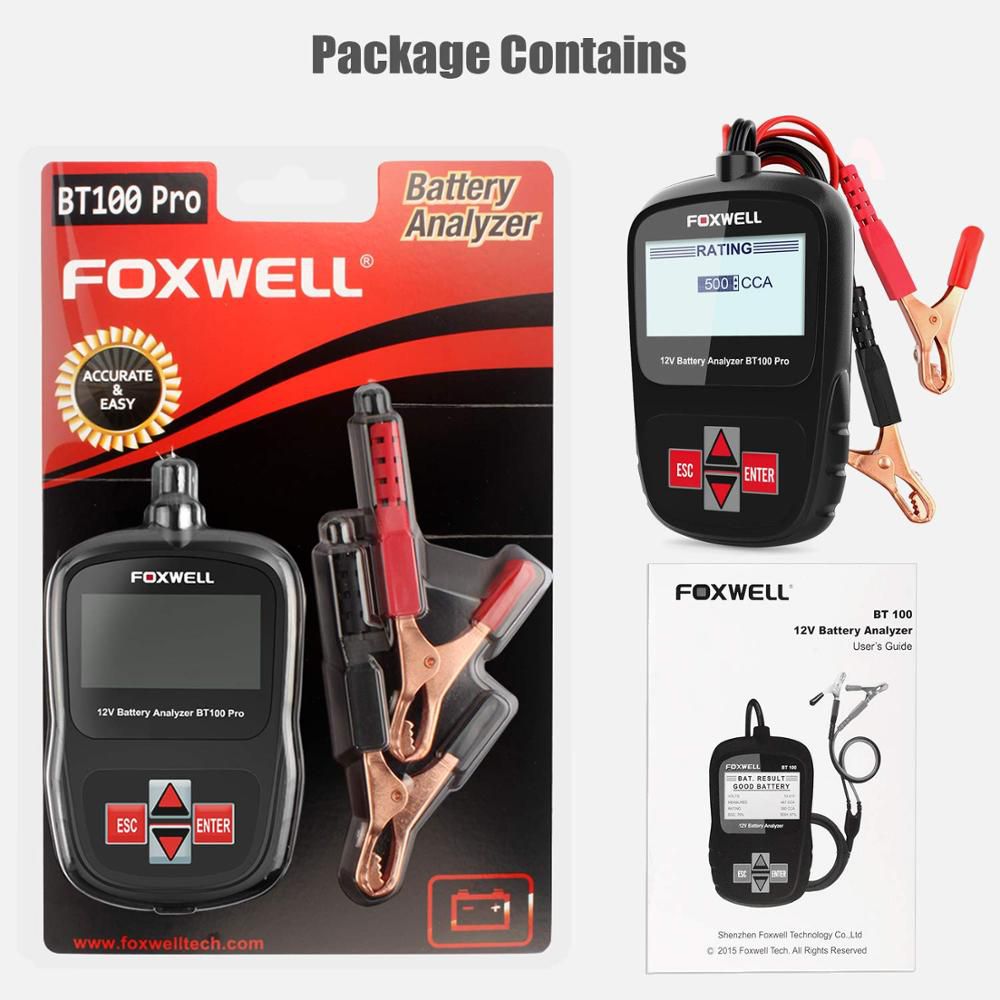 FOXWELL BT100 PRO 12V Car Battery Tester for Flooded AGM GEL 100 to 1100CCA 200AH Test Battery Health /Faults Analyst Diagnostic