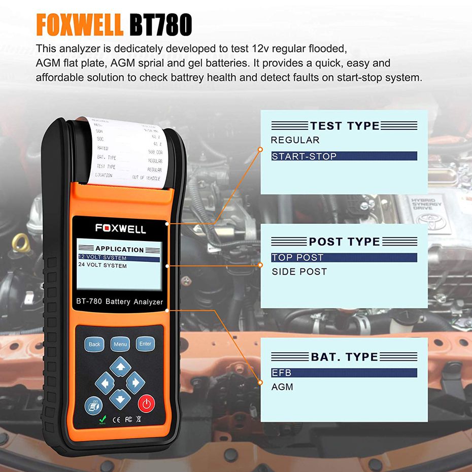 FOXWELL BT780 12V Batterietest 0 -1000A Car AGM GEL EBP Akkus Analyzer Eingebaute Drucker 12V -24V Startladesystem