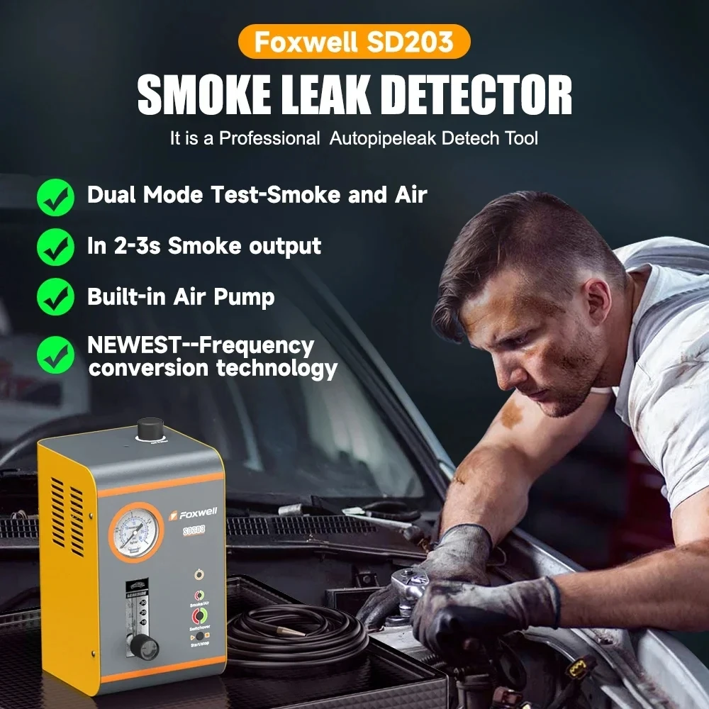 FOXWELL SD203 12V Car Smoke Leak Dector EVAP Vacuum Leak Detector Oil Pipe Leakage Locator Diagnostic Tools Built-in Air Pump