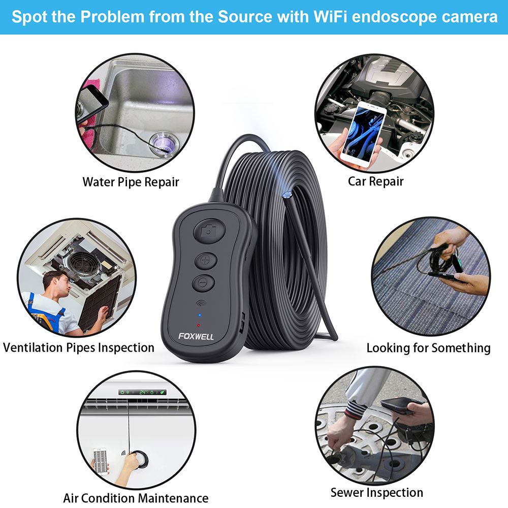 FOXWELL WiFi Endoscope 5.5mm Wireless Borescope Inspection Kamera 1080P HD Waterproof mit Licht für iPhone, Android und Tablet