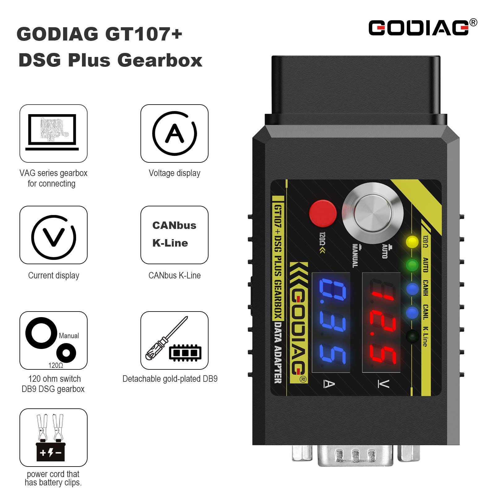 2023 Neueste GODIAG GT107+ DSG Plus Getriebe Daten Adapter mit Spannungsstromanzeige für DQ250 DQ200 VL381 VL300 DQ500 DL501 Benz BMW