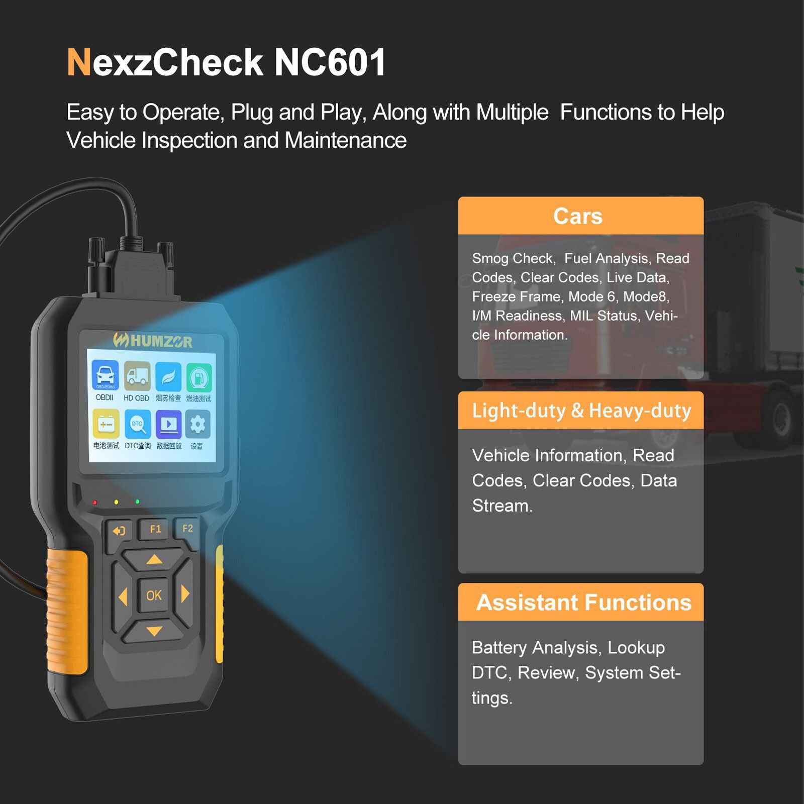 HUMZOR NexzCheck NC601 OBD2 Scanner für Diesel und Benzin I/M Readiness, MIL Statusanalyse, Smog Check, Kraftstoffanalyse, Batterieanalyse