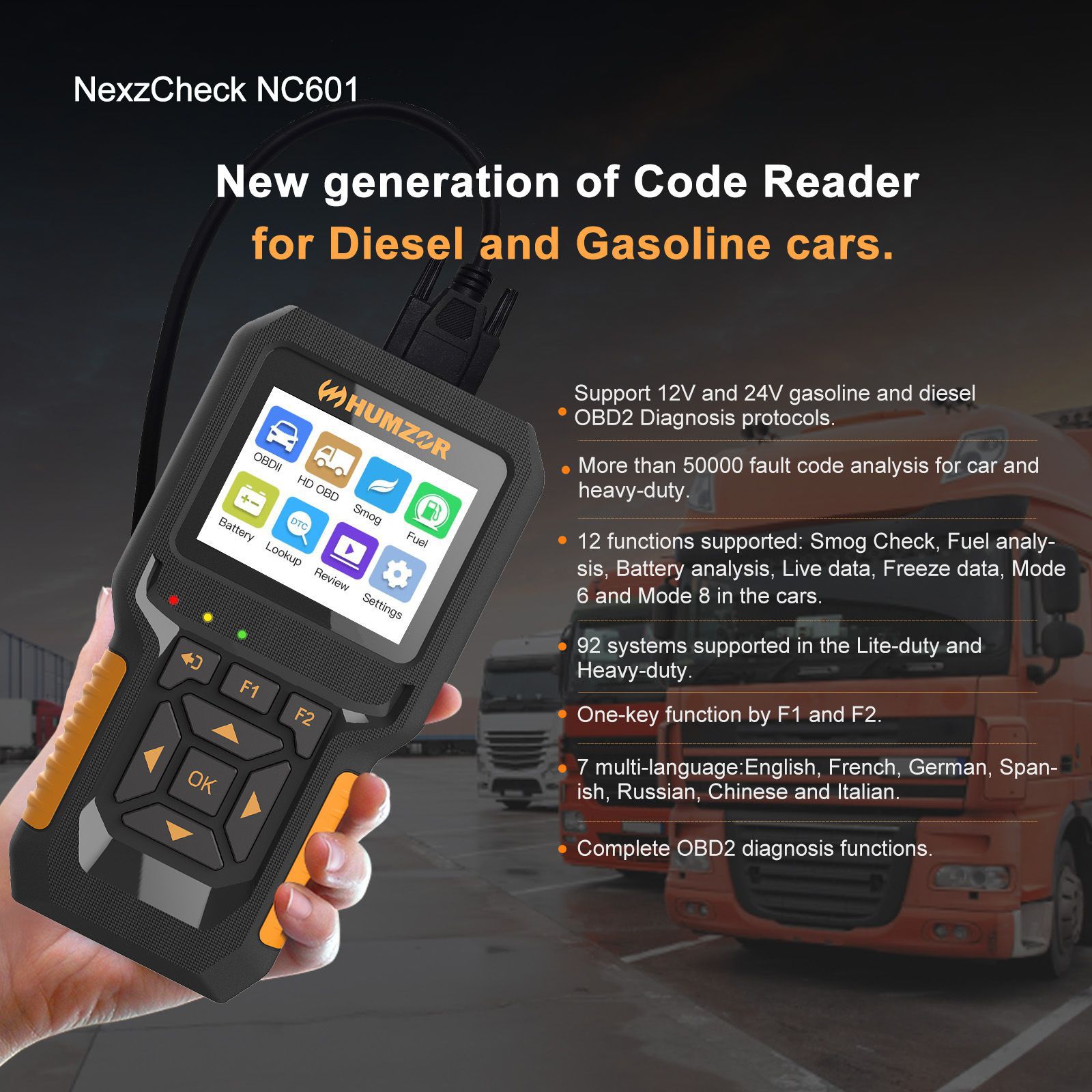 HUMZOR NexzCheck NC601 OBD2 Scanner für Diesel und Benzin I/M Readiness, MIL Statusanalyse, Smog Check, Kraftstoffanalyse, Batterieanalyse