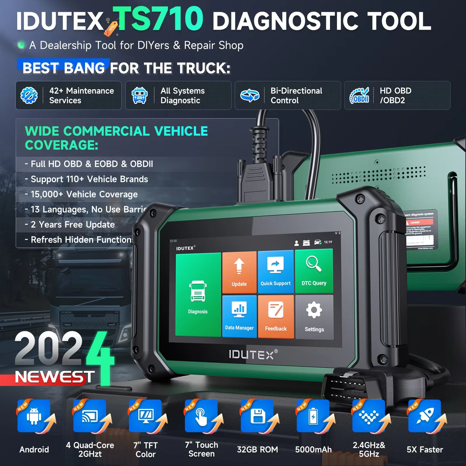IDUTEX TS710 12V 24V Auto Heavy Duty Truck Scanner Bi-Directional Scan Alle System DPF Regen Betätigung Test Öl Diesel Diagnostik