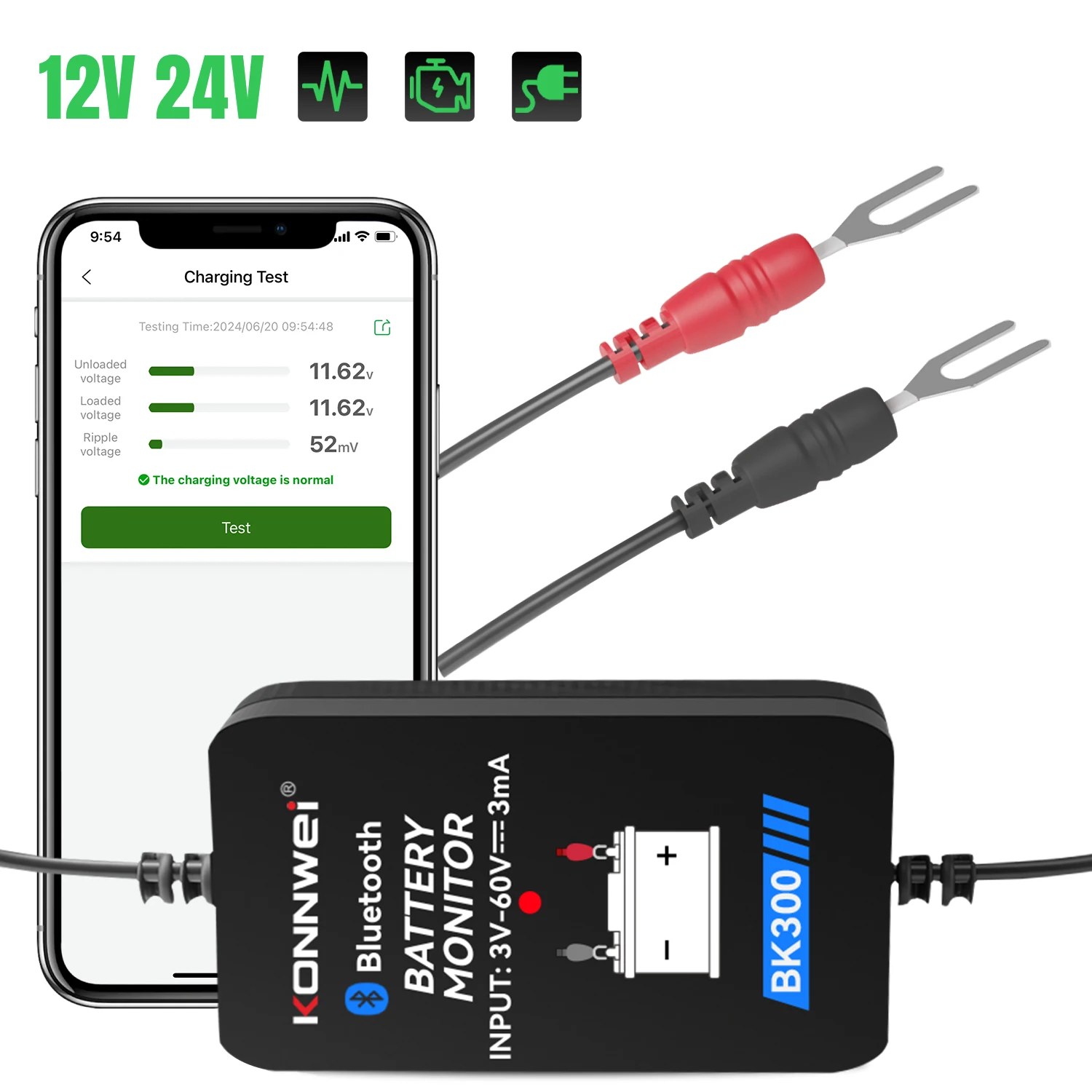 KONNWEI BK300 12V 24V Batterieüberwacher – Wireless Bluetooth Tester Tool mit LED Display, Ladetest und Anlaufprüfung