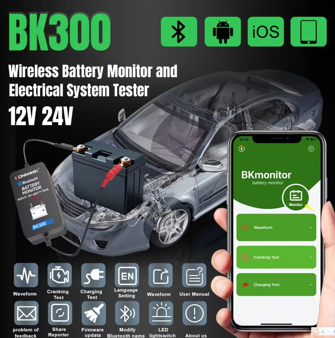 KONNWEI BK300 12V 24V Batterieüberwacher – Wireless Bluetooth Tester Tool mit LED Display, Ladetest und Anlaufprüfung
