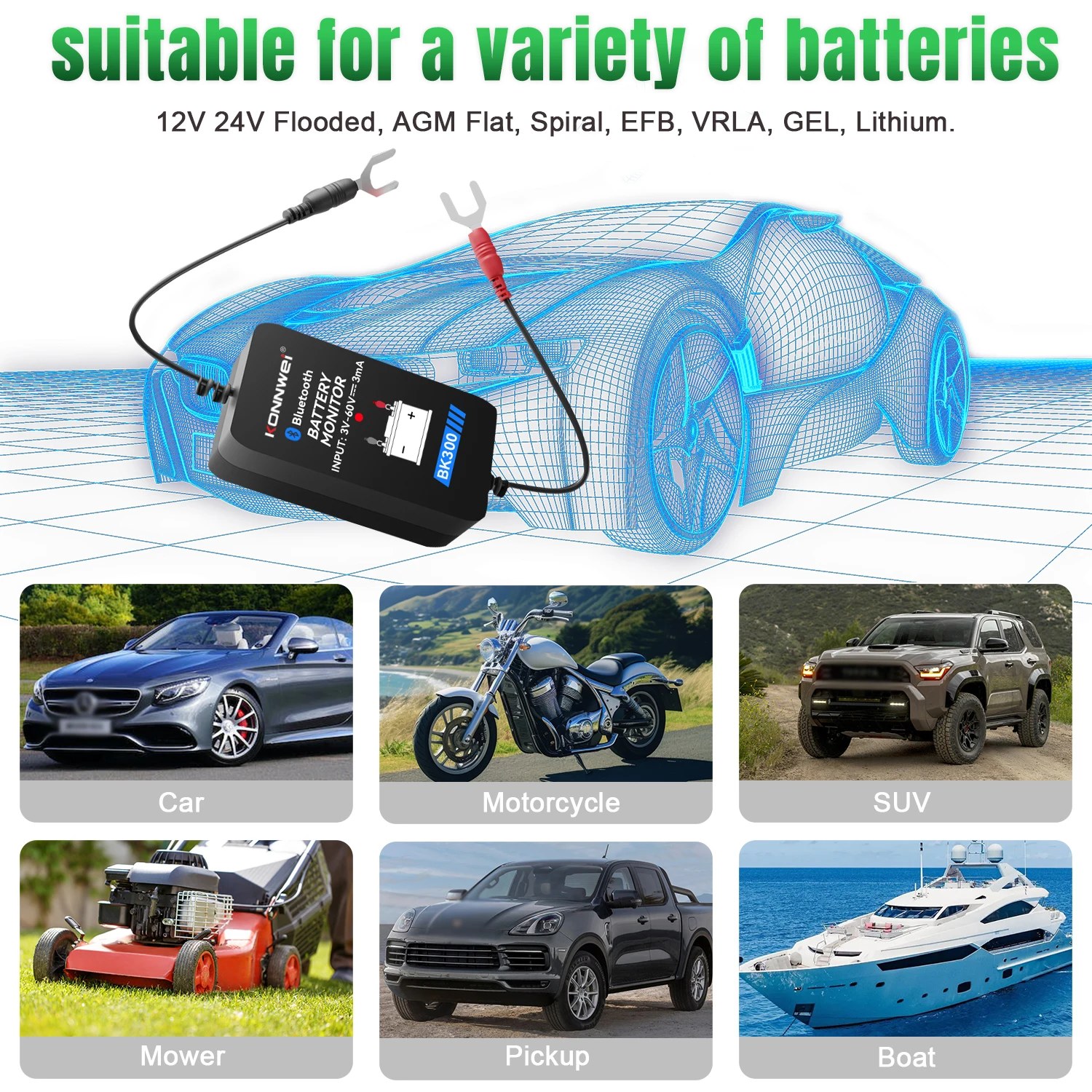 KONNWEI BK300 12V 24V Batterieüberwacher – Wireless Bluetooth Tester Tool mit LED Display, Ladetest und Anlaufprüfung