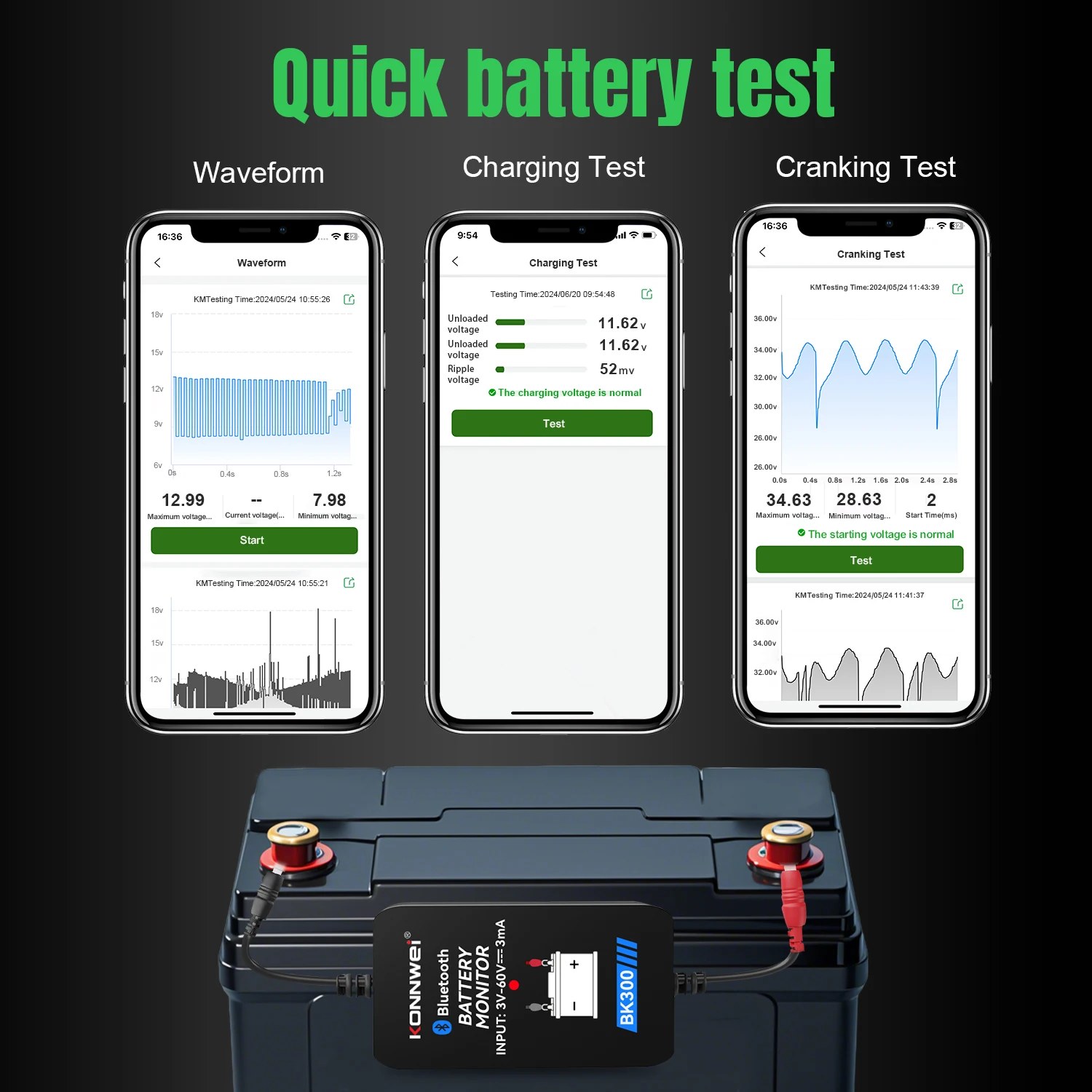 KONNWEI BK300 12V 24V Batterieüberwacher – Wireless Bluetooth Tester Tool mit LED Display, Ladetest und Anlaufprüfung