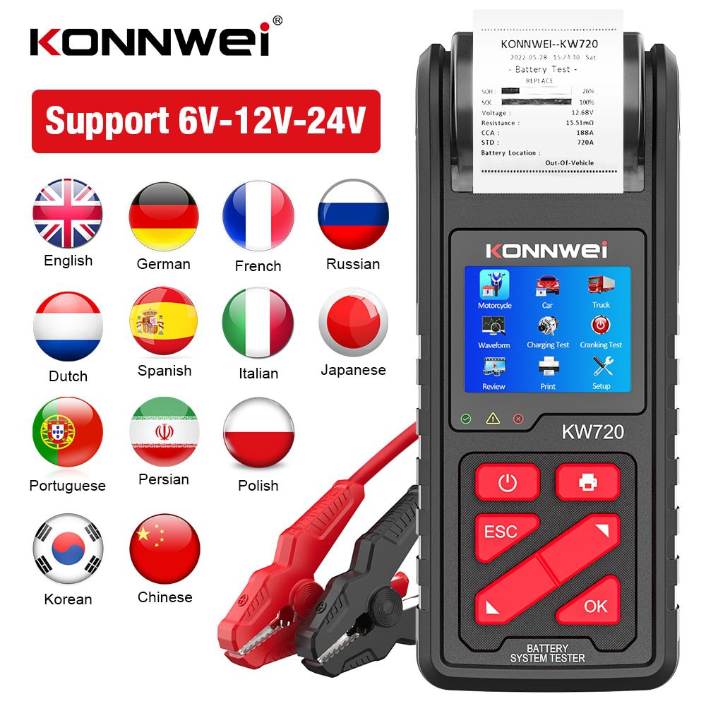 KONNWEI KW720 6V/12V/24V Motorrad Auto LKW Batterie Tester mit eingebautem Drucker Batterie Analyzer Laden Kurbeln Test Tools