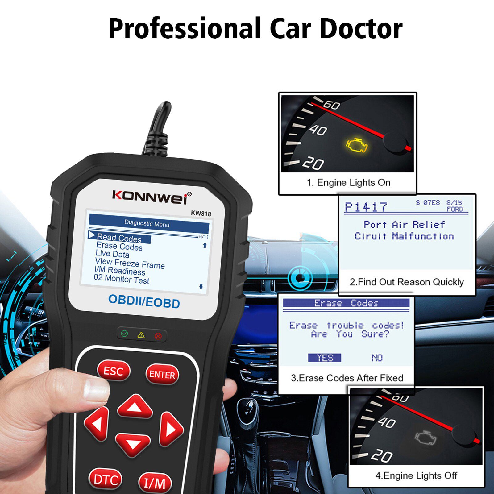 KONNWEI KW818 OBD2 Scaner Car Diagnostic Tools Auto Code Reader Battery Tester Check Engine Fault Code Reader Bluetooth Upgrade