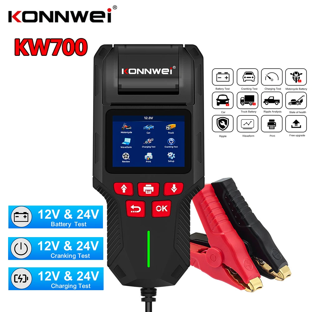 KONNWEI KW700 12V/24V Battery Tester with Printer Support Car Truck and Motorcycle