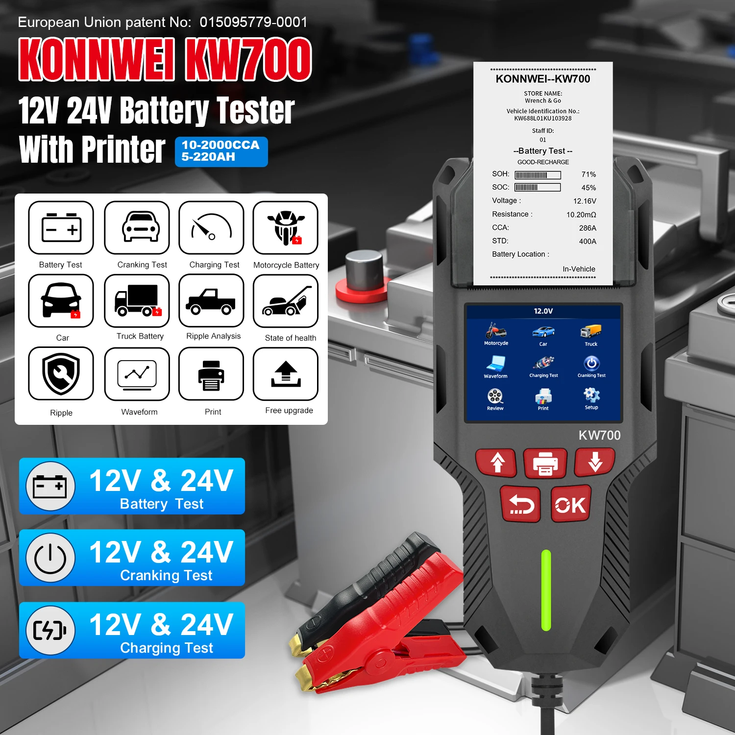 KONNWEI KW700 12V/24V Battery Tester with Printer Support Car Truck and Motorcycle