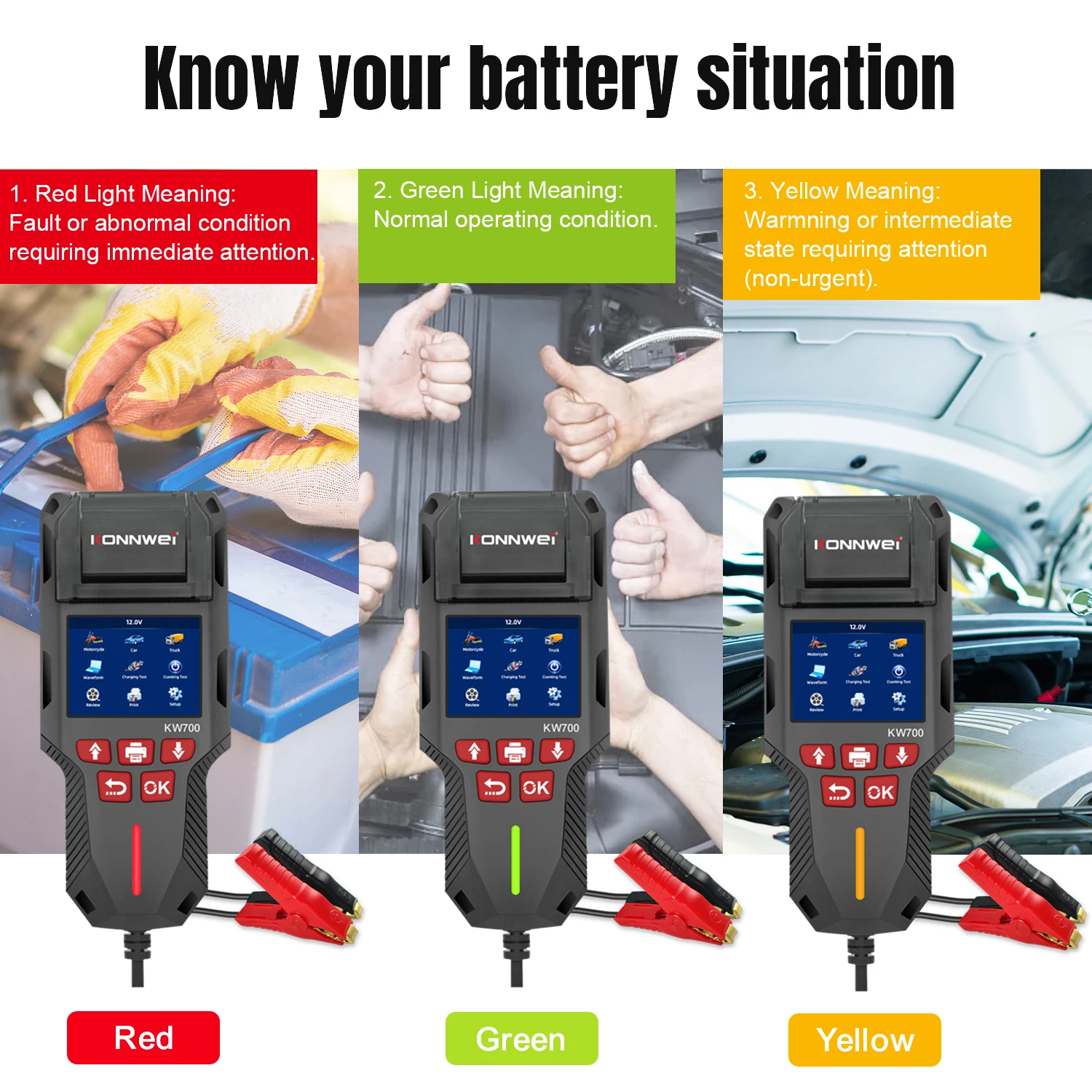 KONNWEI KW700 12V/24V Battery Tester with Printer Support Car Truck and Motorcycle