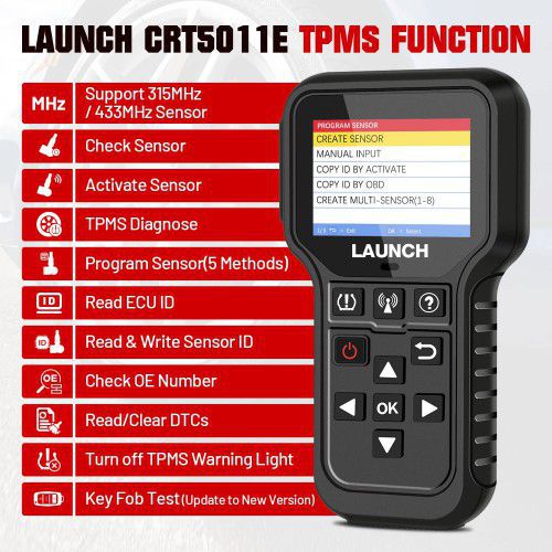 2024 Launch CRT5011E TPMS Relearn Tool TPMS Sensor (315+433MHz) Unterstützung Lesen/Aktivieren/Programmieren/Relearn/Zurücksetzen/Key Fob Test