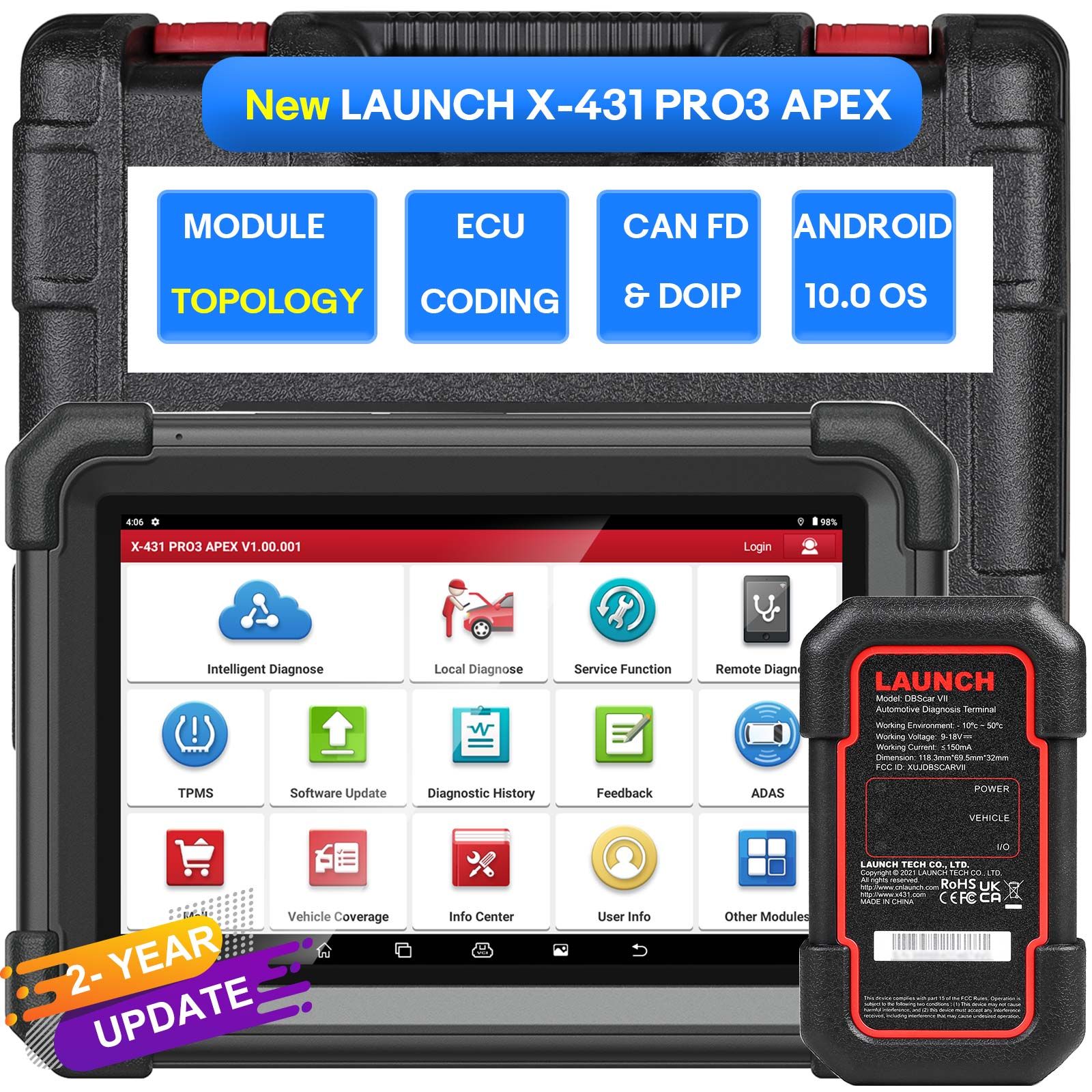 LAUNCH X431 PRO3 APEX Diagnostic Scanner Support Topology Map Online Coding CAN FD & DoIP HD Truck Scan with 37+Services