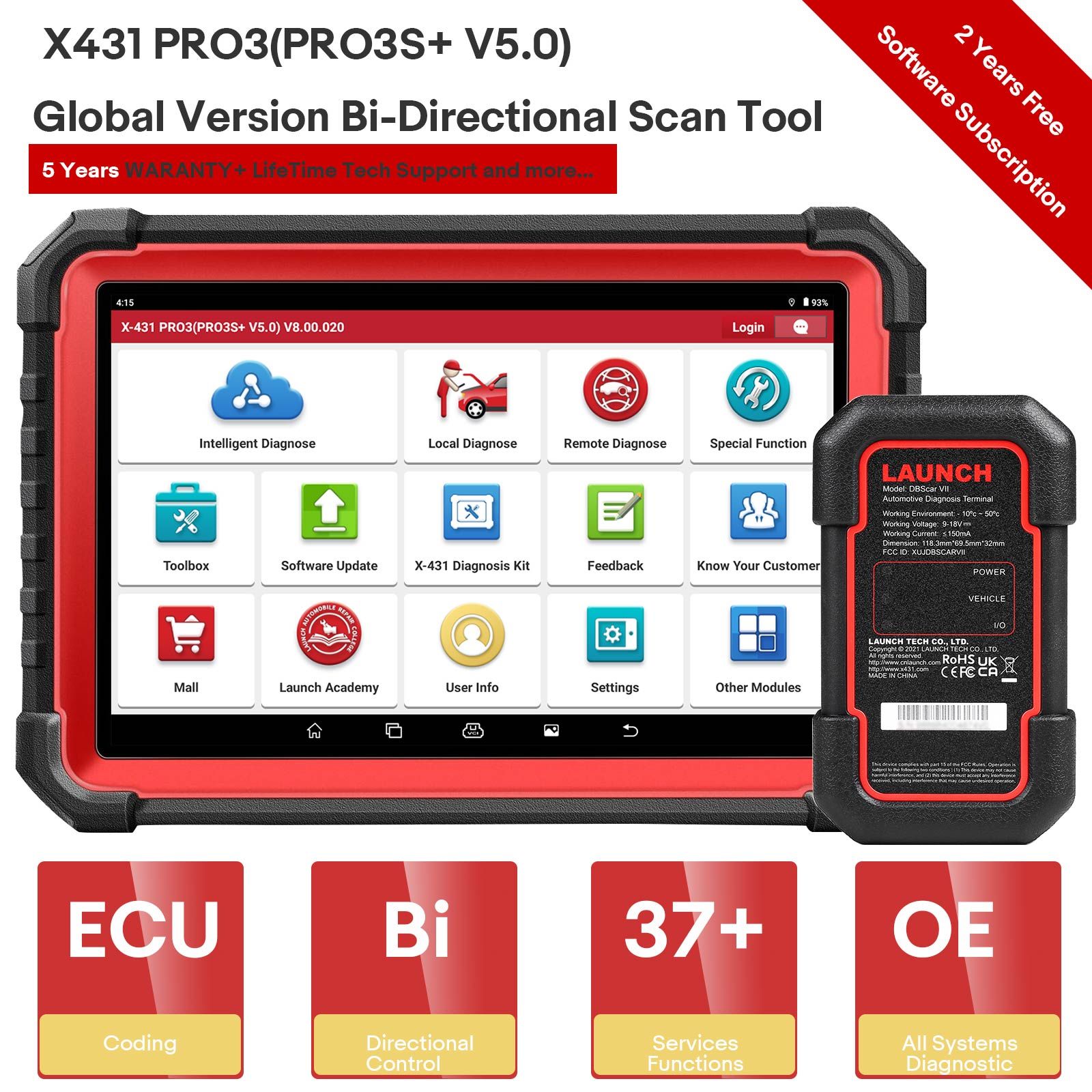 LAUNCH X431 PRO3S+ V5.0 Bi-Directional Scan Tool, 37+ Reset Service, OE-Level Full System Bluetooth Diagnostic Scanner, ECU Coding