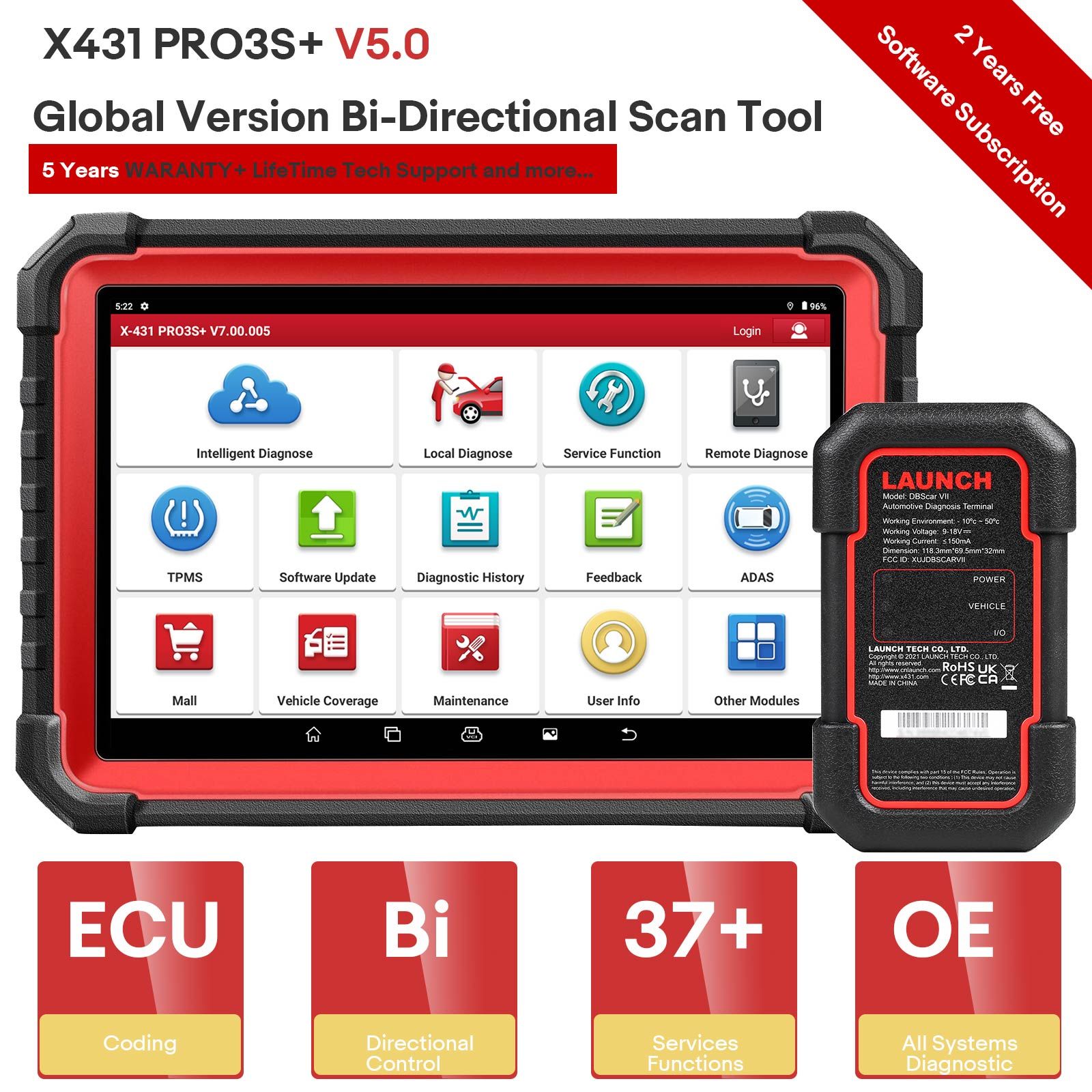 LAUNCH X431 PRO3S+ PRO3 S+ with X-431 SmartLink C 2.0 Heavy-duty Truck Module for Both 12V & 24V Cars and Trucks