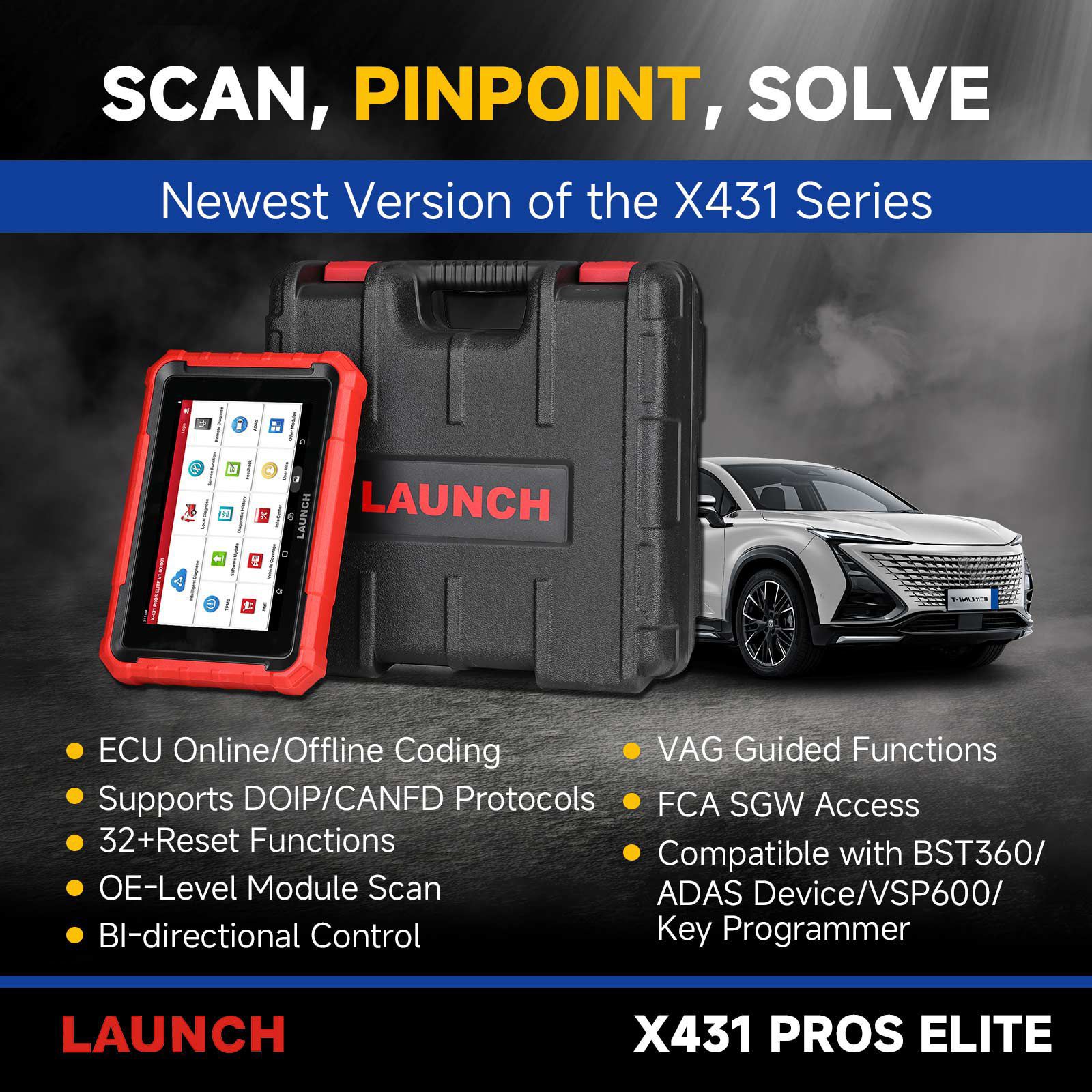 2024 Launch X431 PROS ELITE Bidirektional Scan Tool mit CANFD ECU Coding Full System 32+ Special Function VAG Guide