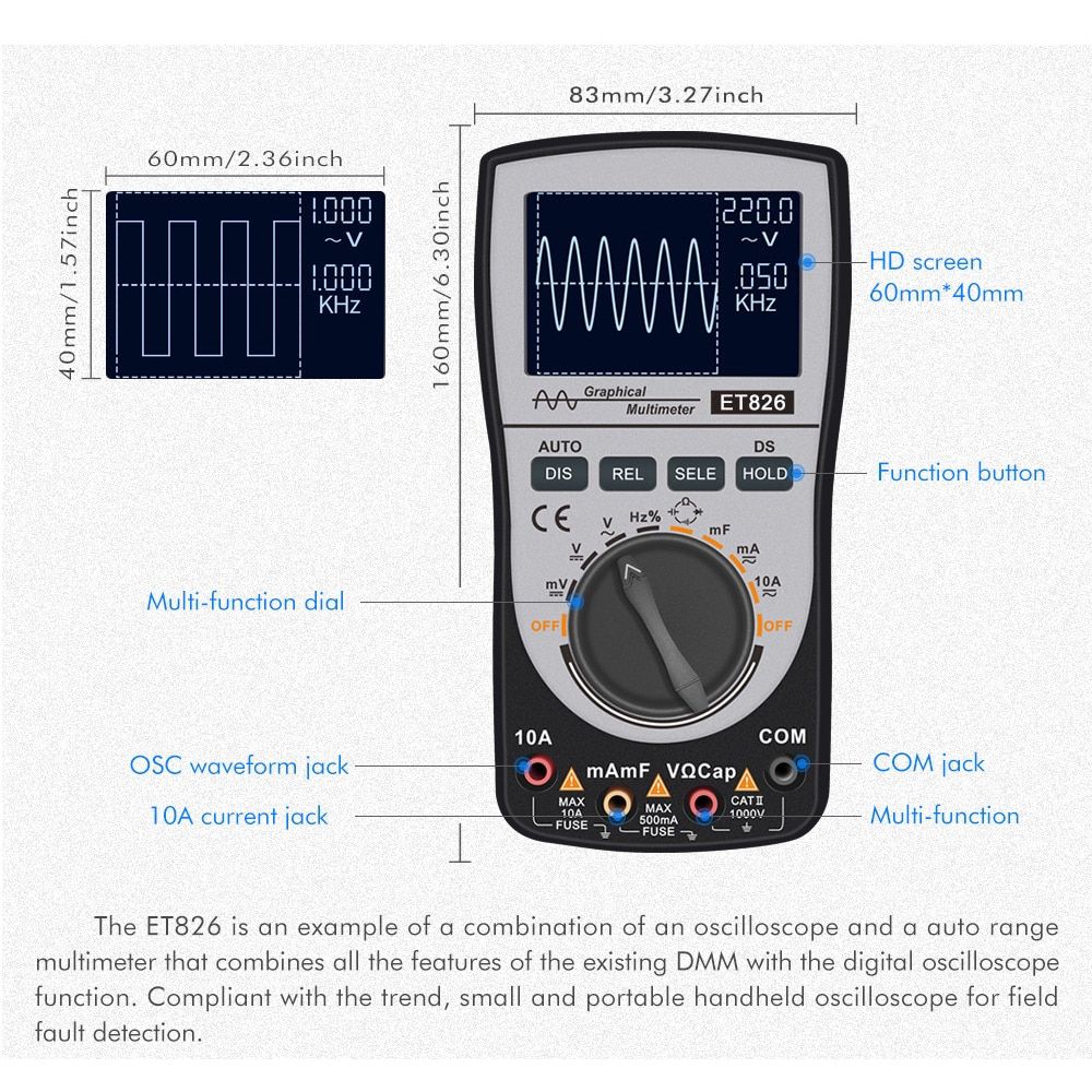 MT8206 2 In 1 Digital Oscilloscope Multimeter mit Analog Bar Graph ET826 Multimeter Auto Range Backlight DC/AC Current Meter