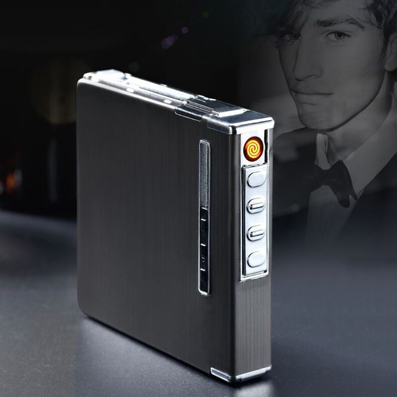 Thin Aluminium Automatic Ejection Metal Cigarette Case with USB Rechargeable Windproof Electric Lighters