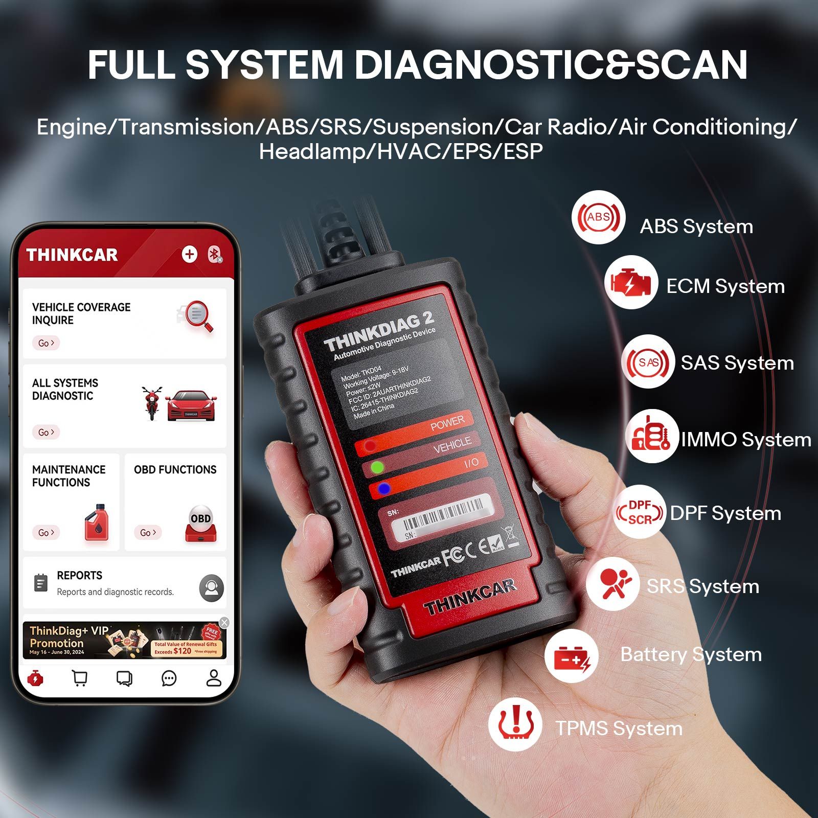 2025 THINKCAR Thinkdiag2 All System Bidirectional Diagnostic Tool with CAN-FD Protocol Auto VIN ECU Coding 15+ Reset Functions One Year Free Update