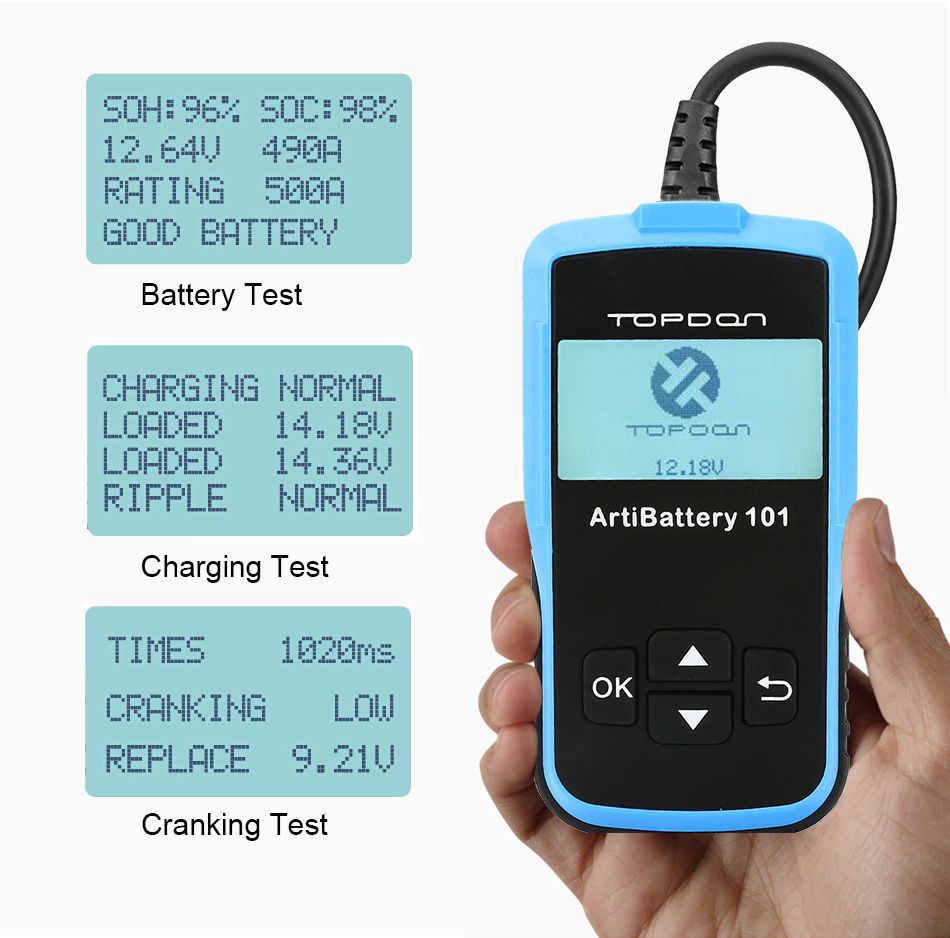 TOPDON AB101 Car Battery Tester 12V Voltage Battery Test Automotive Charger Analyzer 2000CCA Car Cranking Circuit Tester