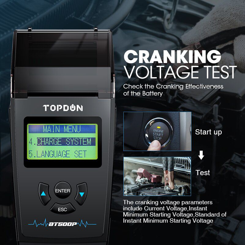 TOPDON BT500P 12V 24V Auto Batterie Tester mit Drucker Batterie Last Test für Motorrad Auto Laden Kurbelbatterie Analyzer