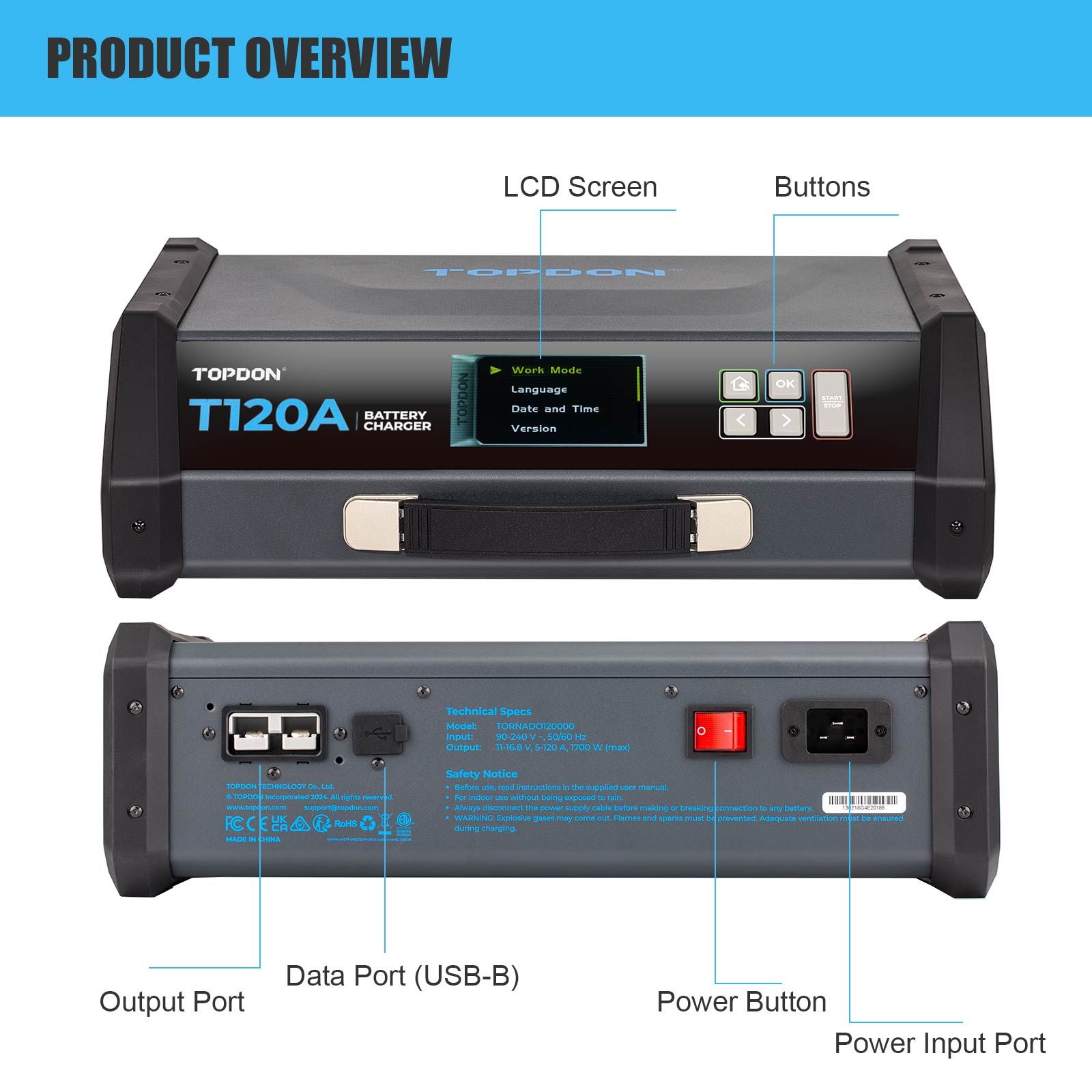 TOPDON TORNADO 120000 5M (16 Ft) Clamp-T120A (T1200005) Power Supply & Battery Charger