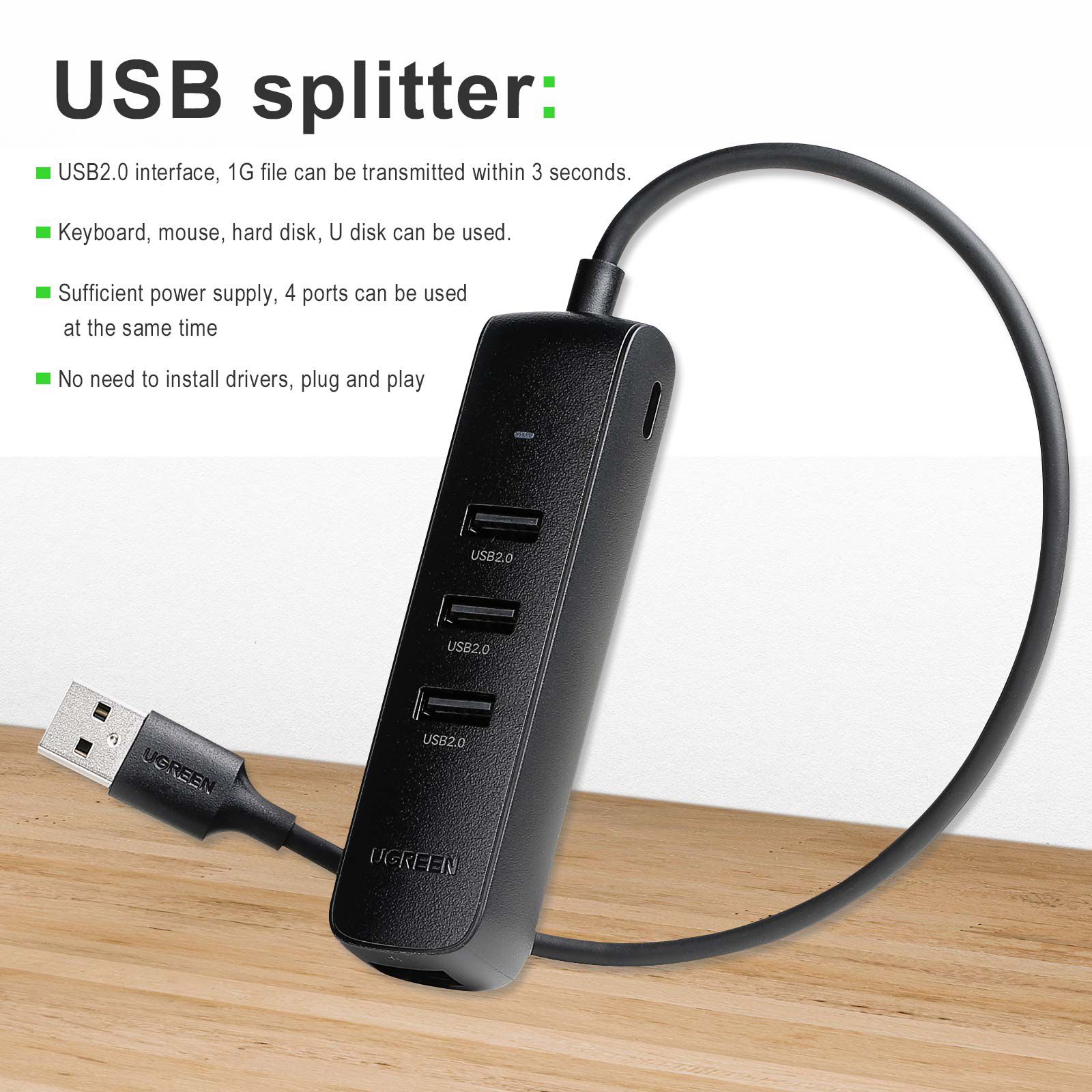UGREEN USB 2.0 Hub Ethernet Adapter USB Splitter USB auf RJ45 Adapter Kabel