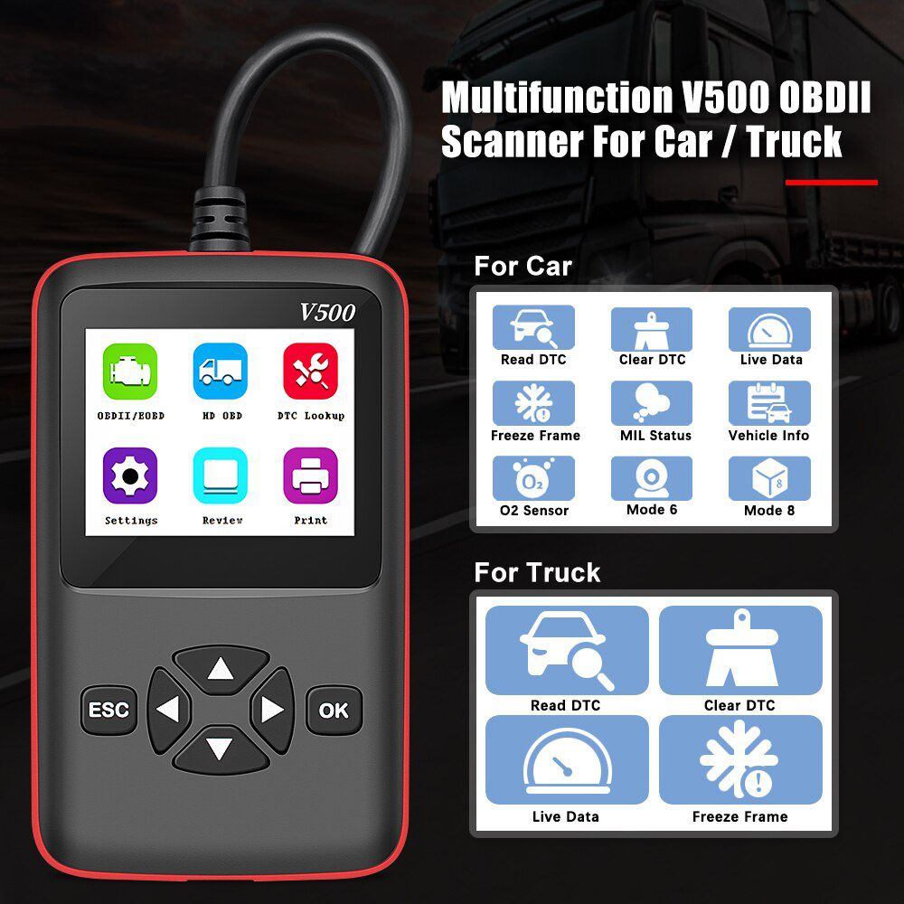 12V/24V V500 OBD2 Motor J1939 J1587 J1708 Code Reader CR-HD Heavy Duty Truck and Car Scanner